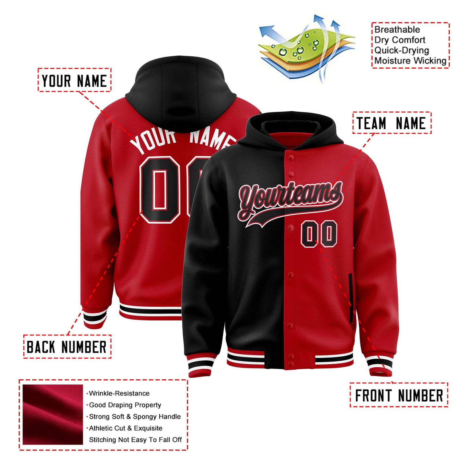 Custom Black Red Split Fashion Varsity Full-Snap Letterman Two Tone Hoodie Jacket