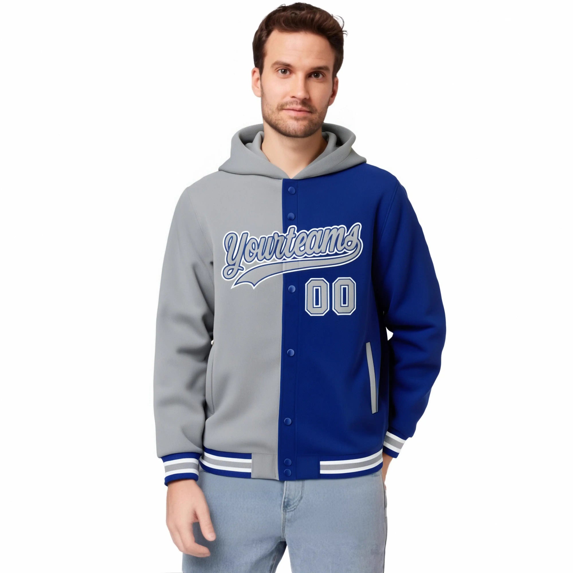 Custom Gray Royal Blue Split Fashion Varsity Full-Snap Letterman Two Tone Hoodie Jacket