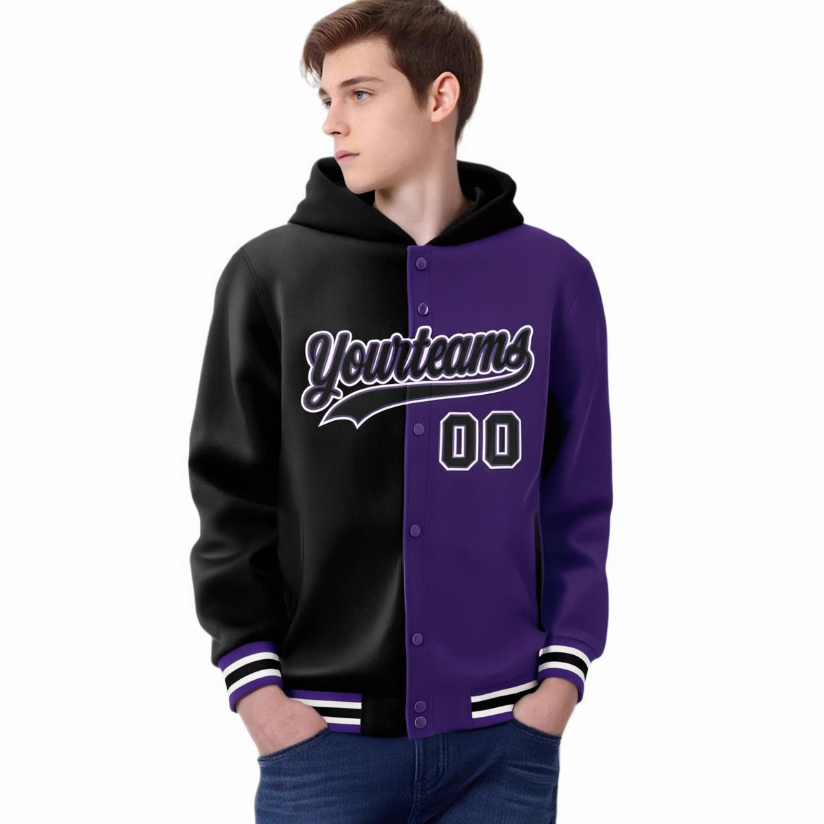 Custom Black Purple Split Fashion Varsity Full-Snap Letterman Two Tone Hoodie Jacket