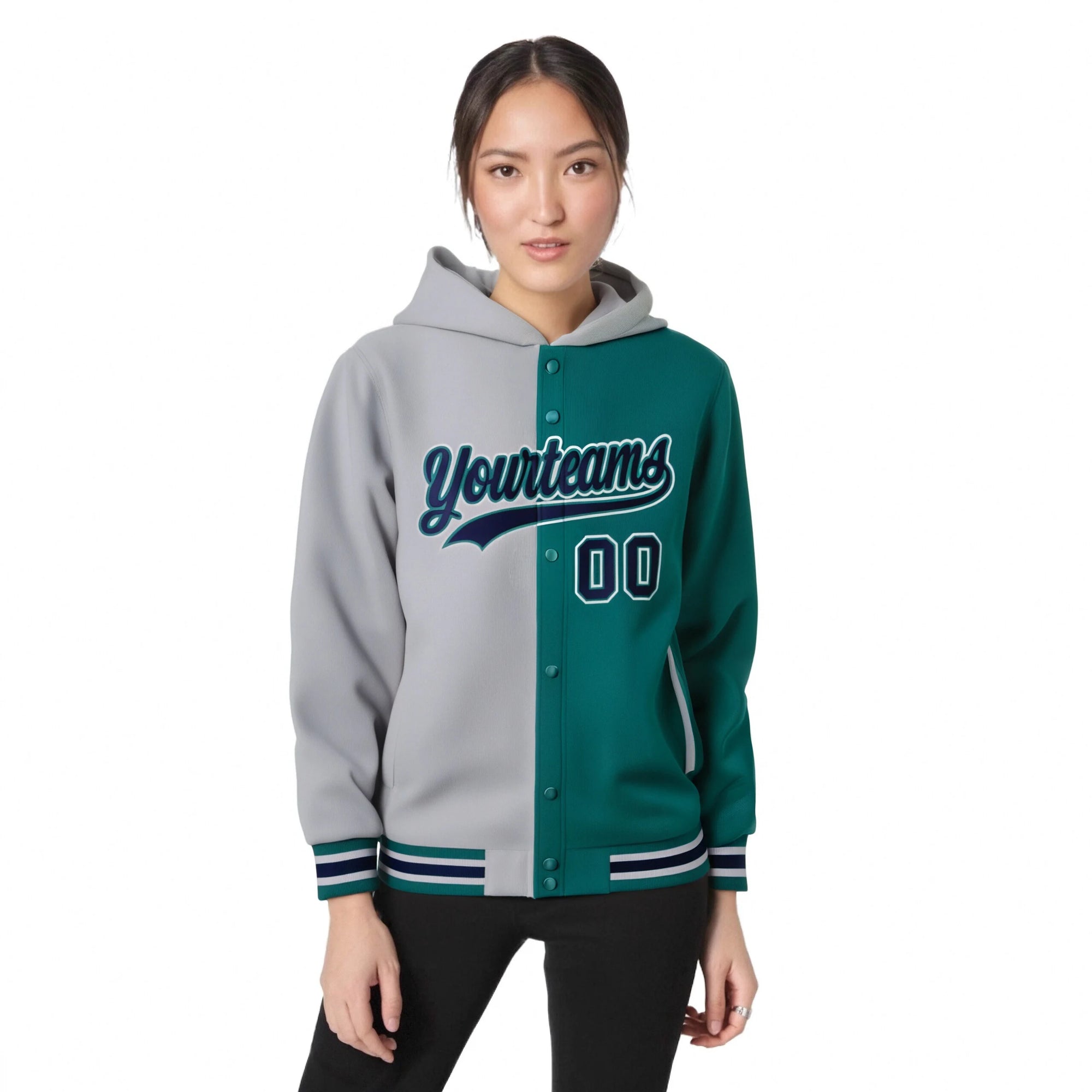 Custom Gray Aqua Split Fashion Varsity Full-Snap Letterman Two Tone Hoodie Jacket