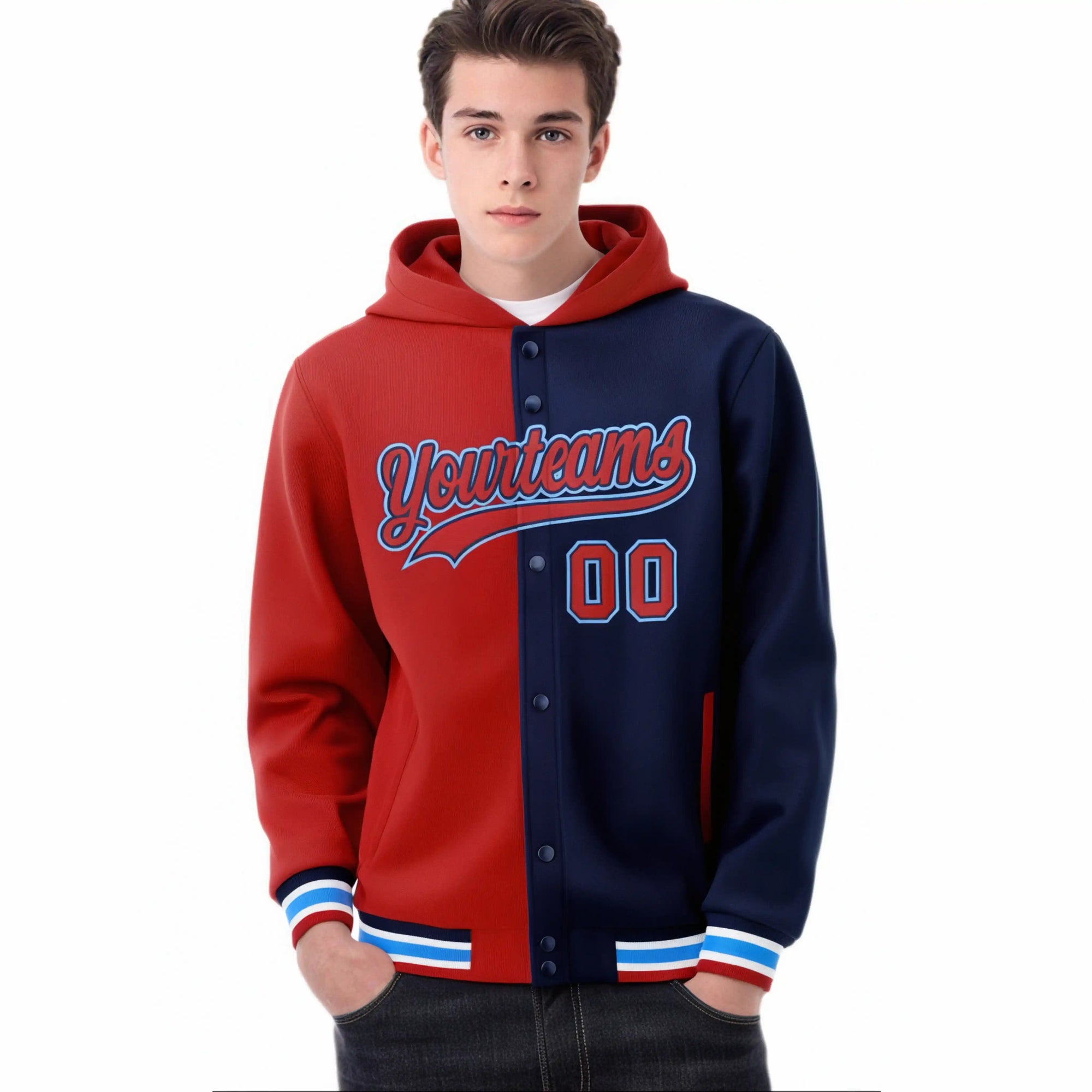 Custom Red Navy Split Fashion Varsity Full-Snap Letterman Two Tone Hoodie Jacket