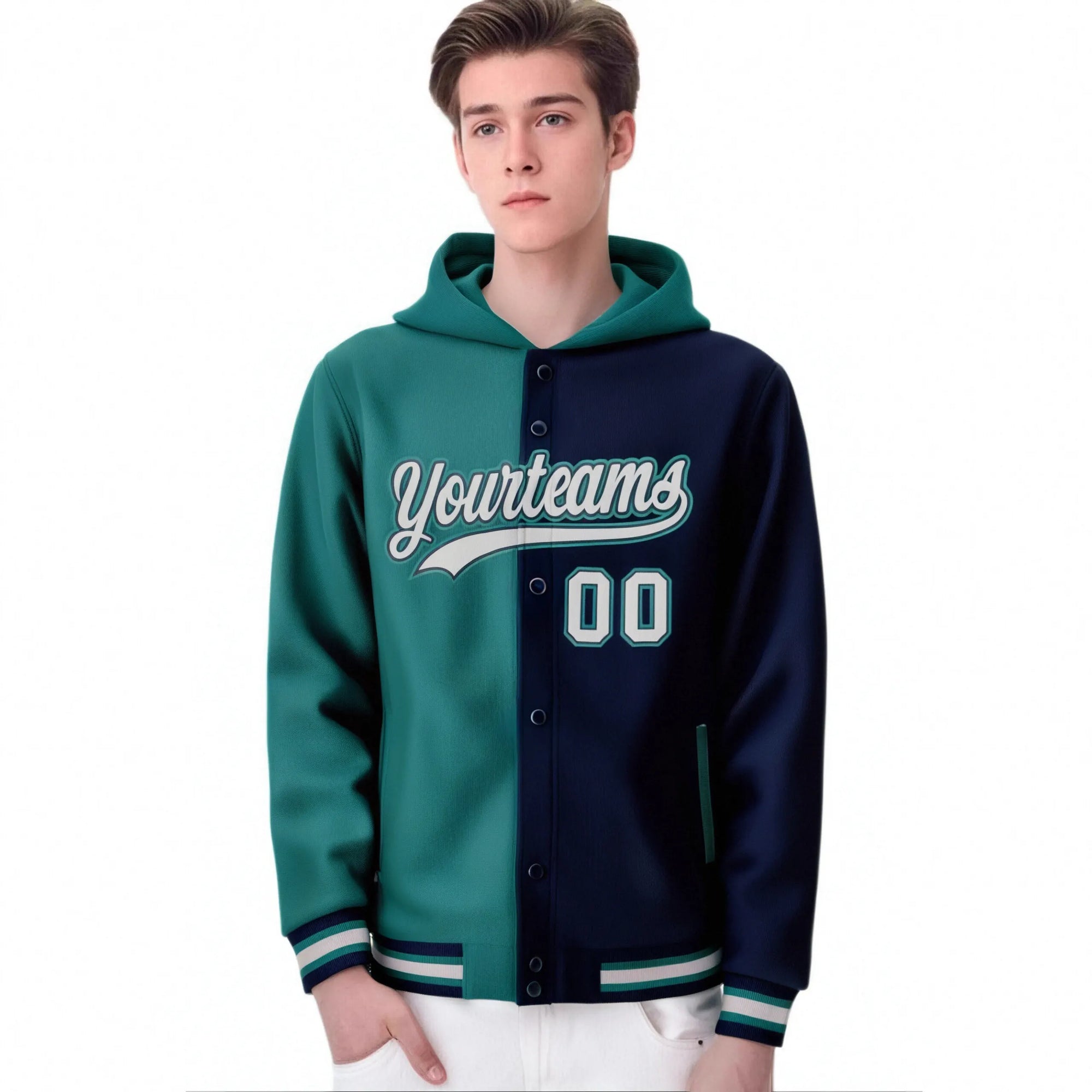 Custom Aqua Navy Split Fashion Varsity Full-Snap Letterman Two Tone Hoodie Jacket