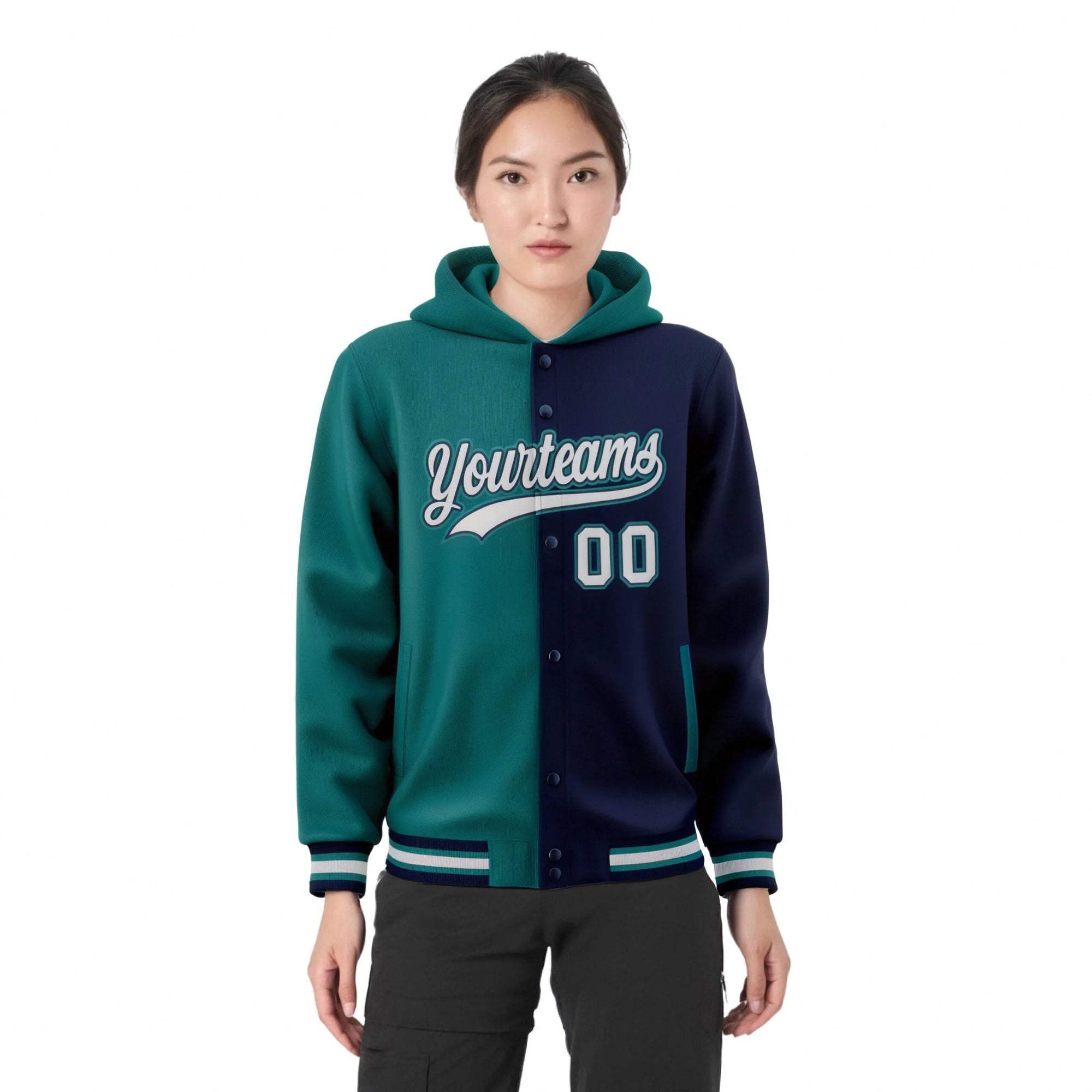 Custom Aqua Navy Split Fashion Varsity Full-Snap Letterman Two Tone Hoodie Jacket