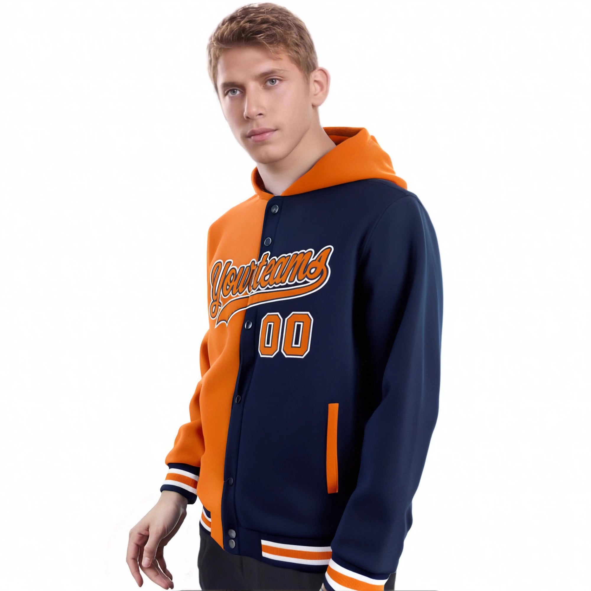 Custom Orange Navy Split Fashion Varsity Full-Snap Letterman Two Tone Hoodie Jacket