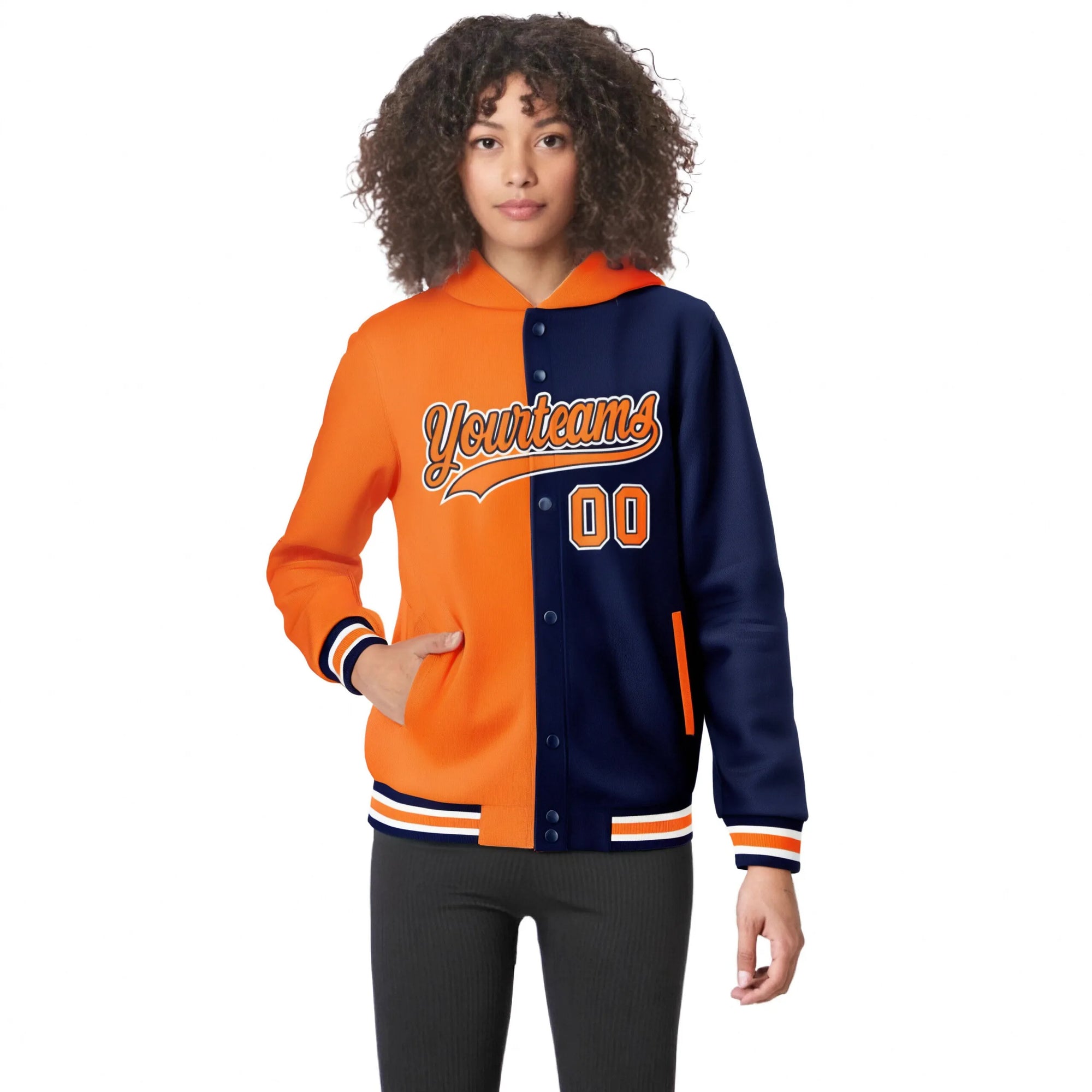 Custom Orange Navy Split Fashion Varsity Full-Snap Letterman Two Tone Hoodie Jacket