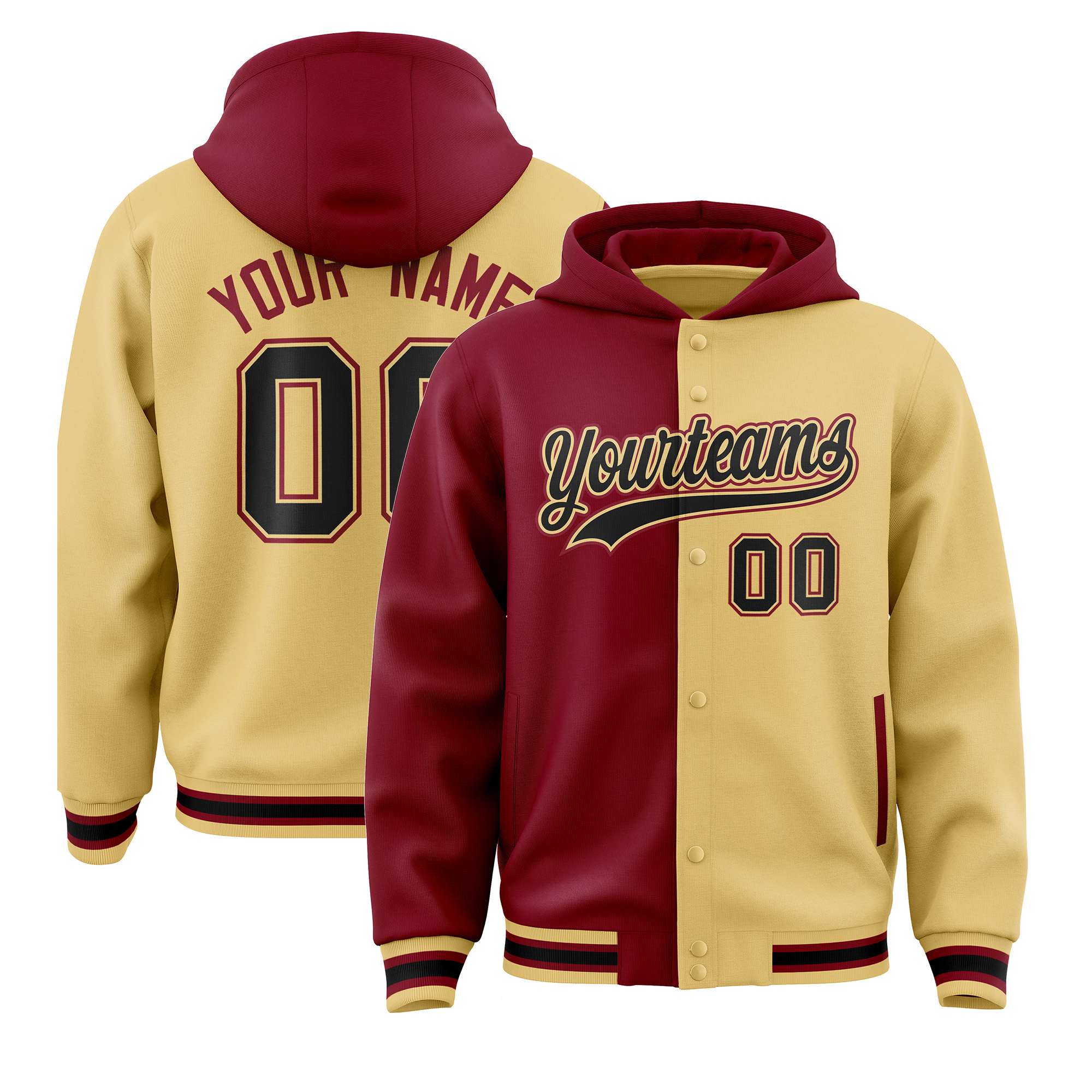 Custom Crimson Old Gold Split Fashion Varsity Full-Snap Letterman Two Tone Hoodie Jacket