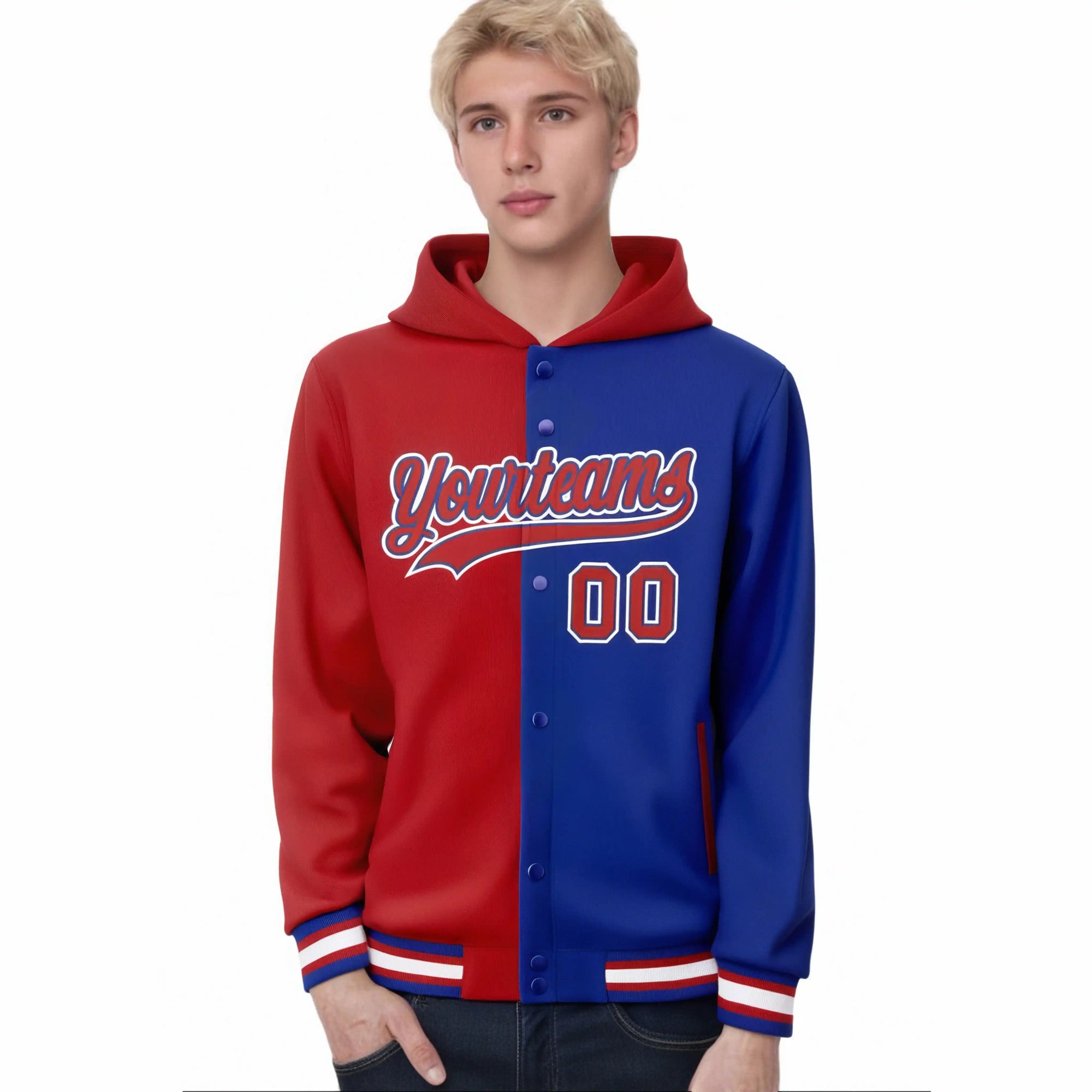 Custom Red Royal Blue Split Fashion Varsity Full-Snap Letterman Two Tone Hoodie Jacket