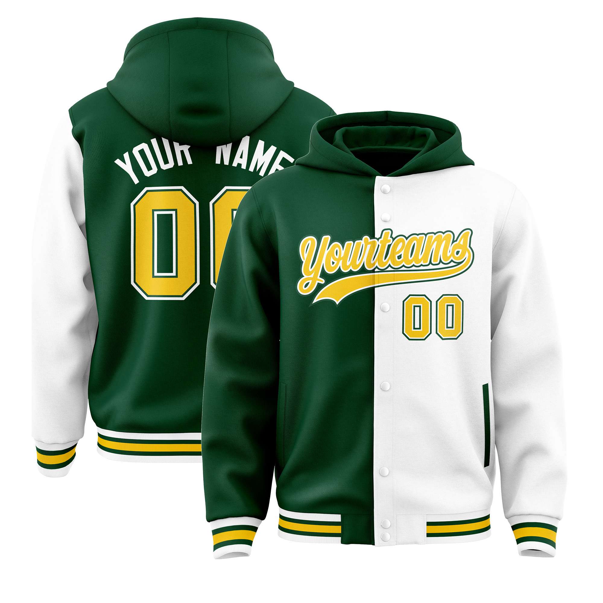 Custom Green White Split Fashion Varsity Full-Snap Letterman Two Tone Hoodie Jacket