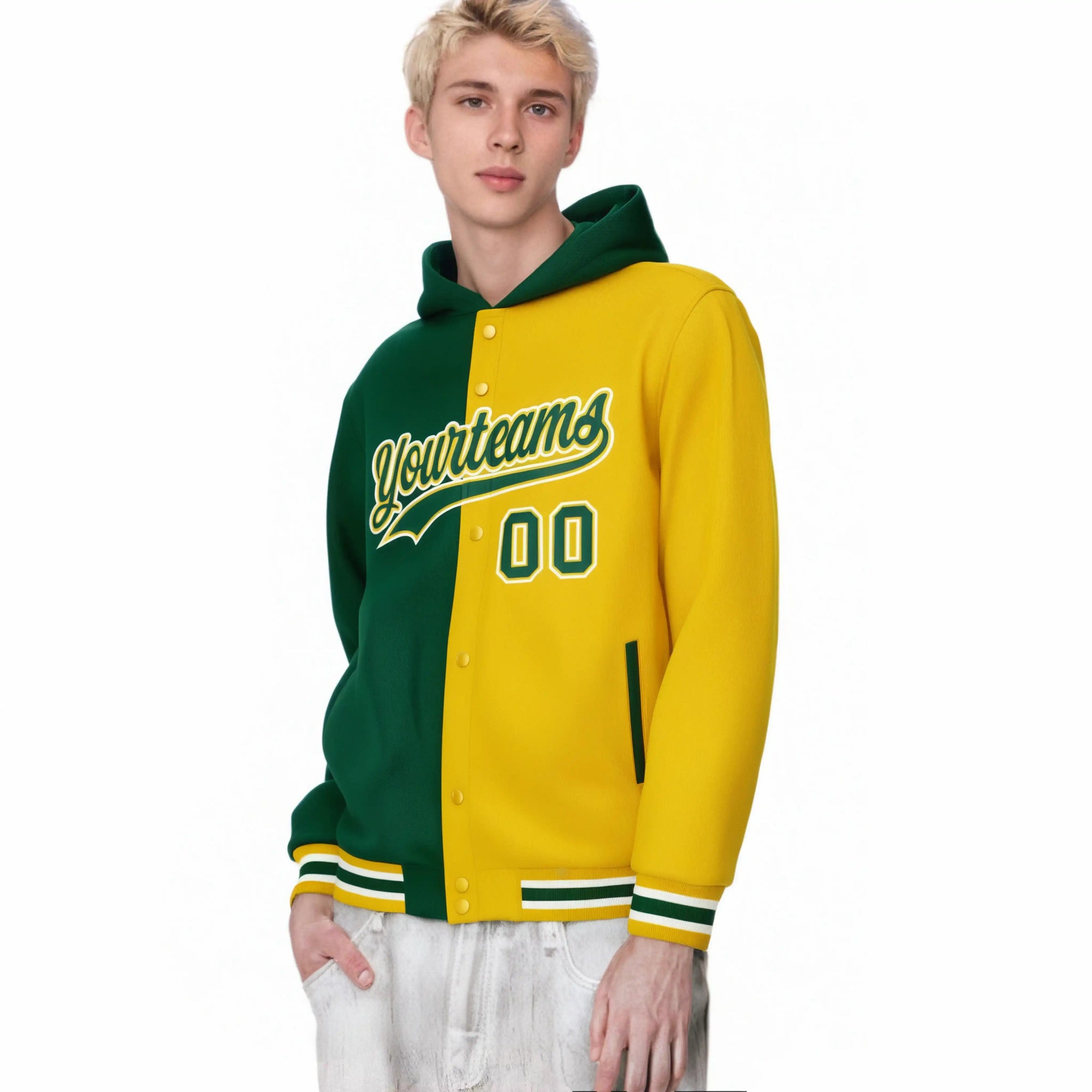 Custom Green Gold Split Fashion Varsity Full-Snap Letterman Two Tone Hoodie Jacket