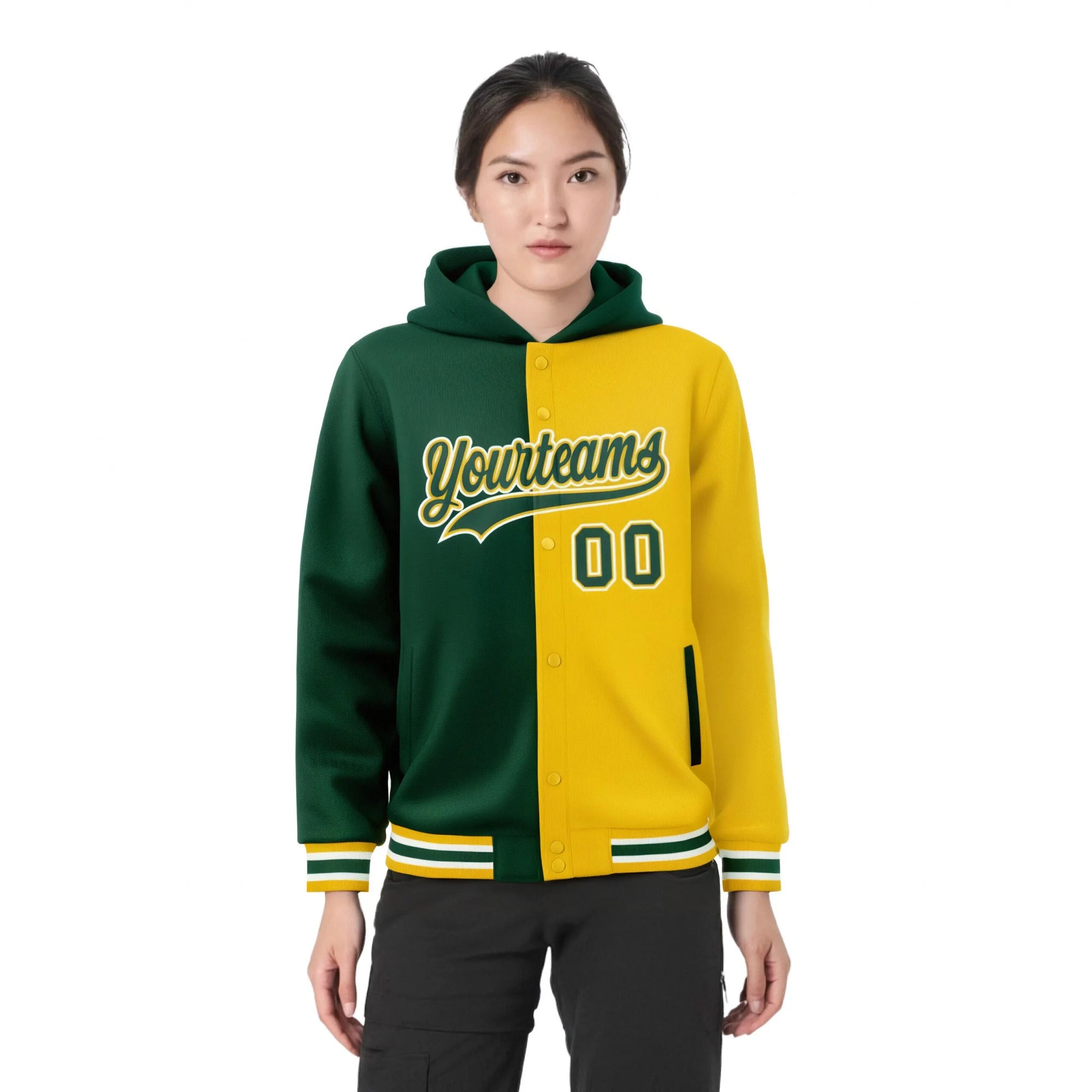 Custom Green Gold Split Fashion Varsity Full-Snap Letterman Two Tone Hoodie Jacket