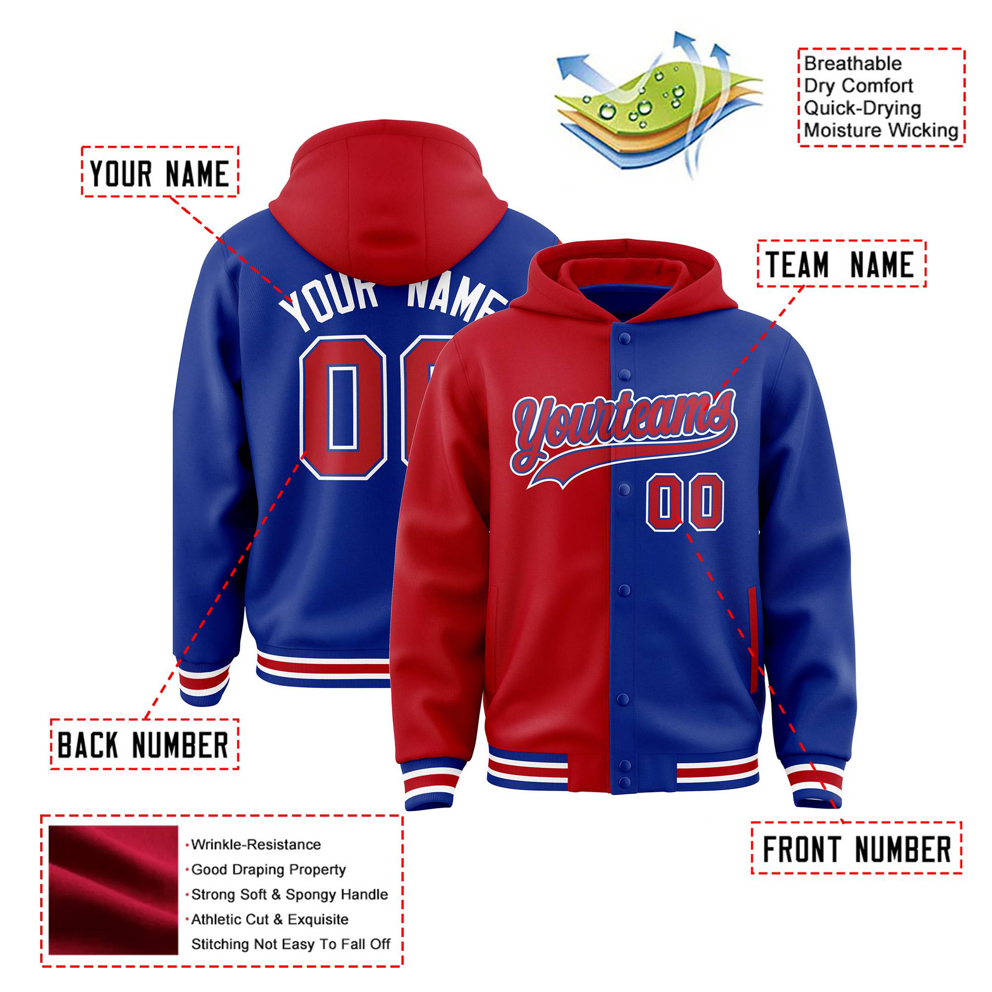 Custom Red Royal Blue Split Fashion Varsity Full-Snap Letterman Two Tone Hoodie Jacket