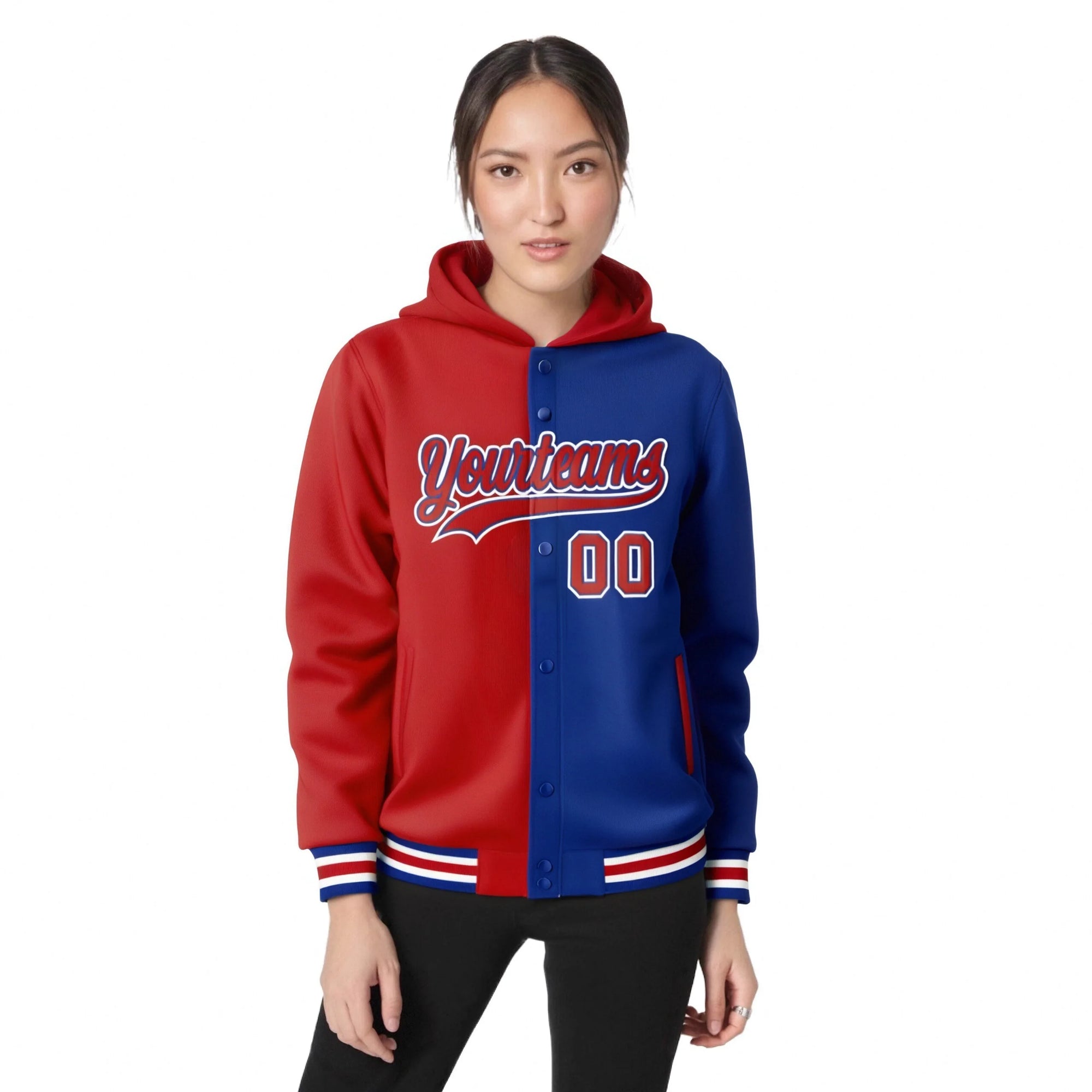 Custom Red Royal Blue Split Fashion Varsity Full-Snap Letterman Two Tone Hoodie Jacket