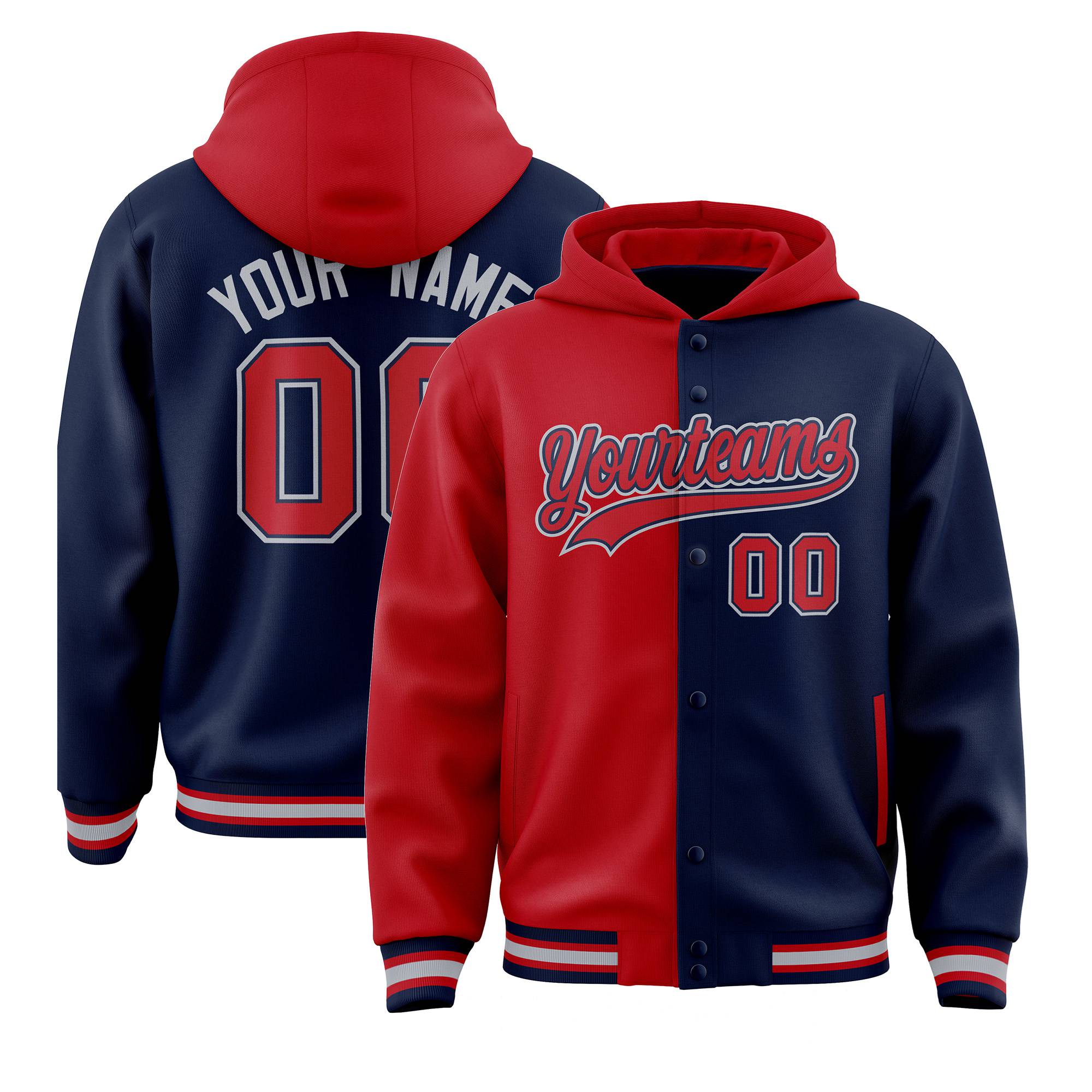 Custom Red Navy Split Fashion Varsity Full-Snap Letterman Two Tone Hoodie Jacket