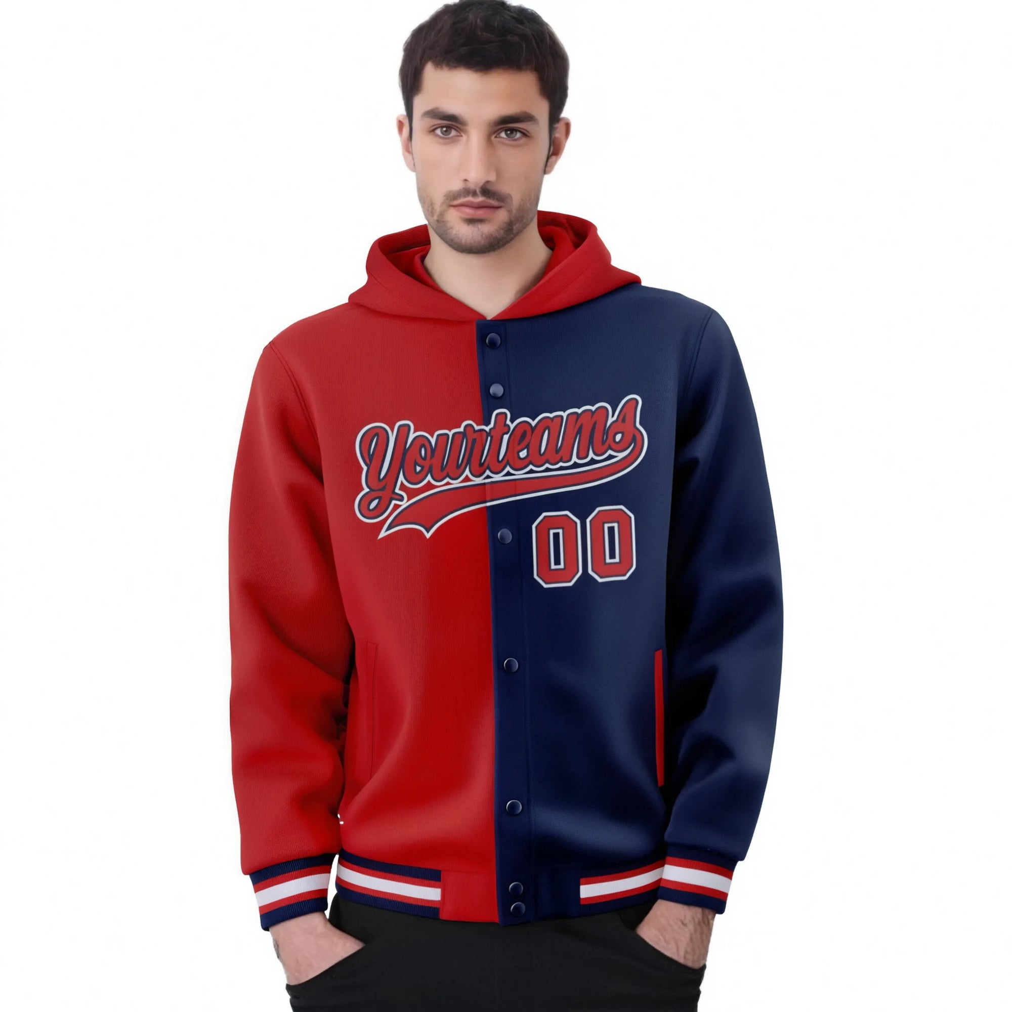 Custom Red Navy Split Fashion Varsity Full-Snap Letterman Two Tone Hoodie Jacket