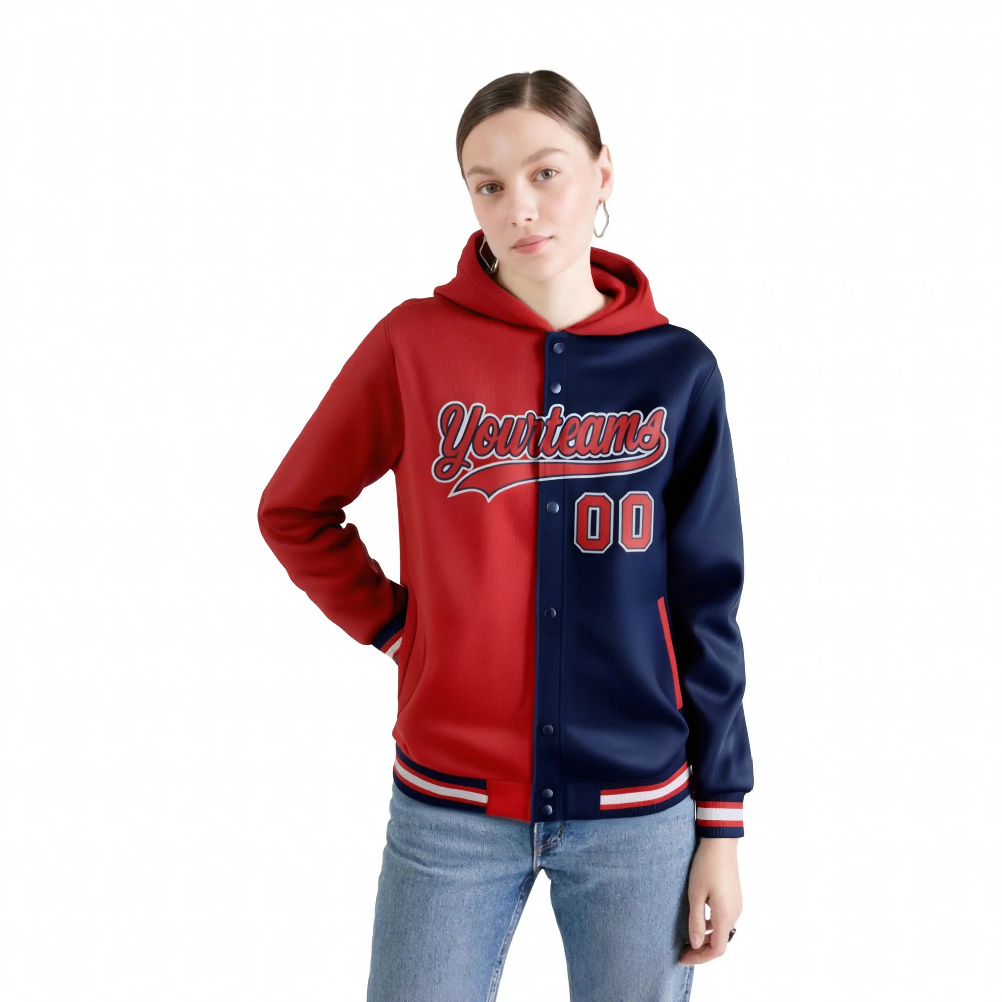 Custom Red Navy Split Fashion Varsity Full-Snap Letterman Two Tone Hoodie Jacket