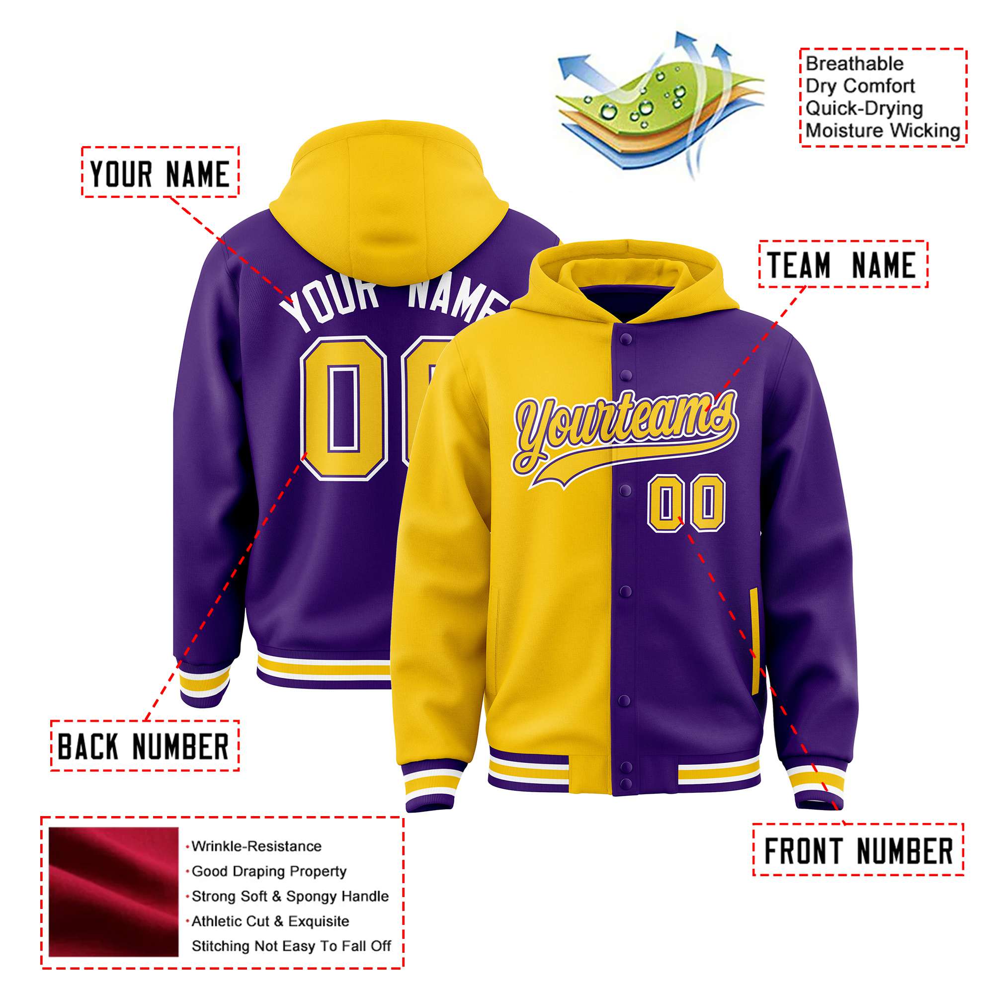 Custom Gold Purple Split Fashion Varsity Full-Snap Letterman Two Tone Hoodie Jacket