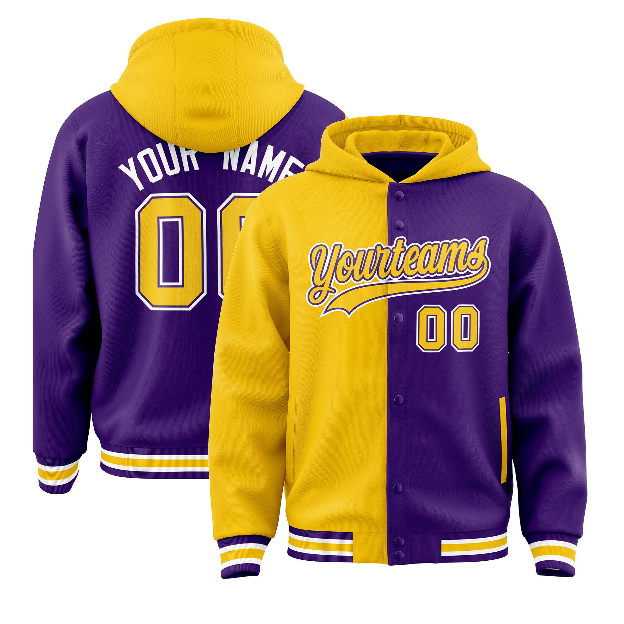 Custom Gold Purple Split Fashion Varsity Full-Snap Letterman Two Tone Hoodie Jacket