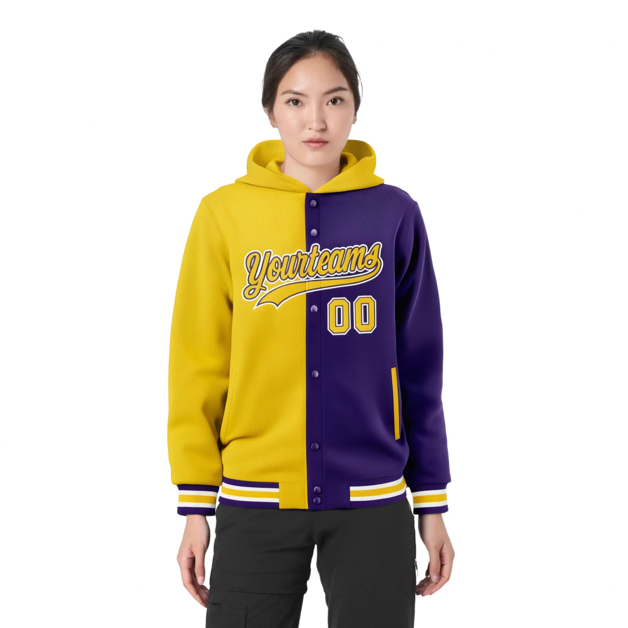 Custom Gold Purple Split Fashion Varsity Full-Snap Letterman Two Tone Hoodie Jacket