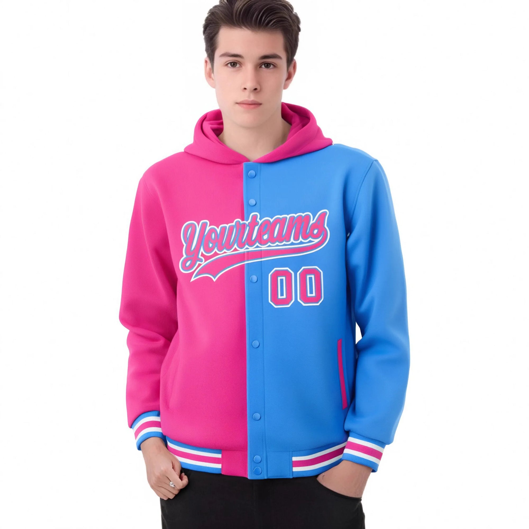 Custom Pink Powder Blue Split Fashion Varsity Full-Snap Letterman Two Tone Hoodie Jacket