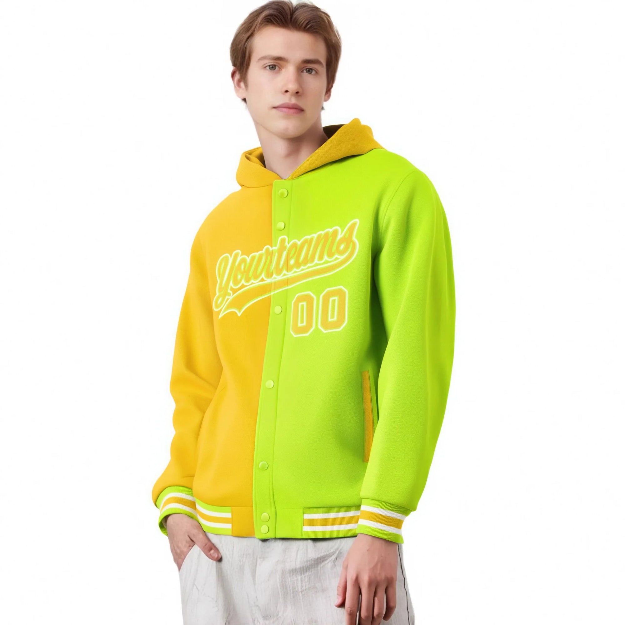 Custom Gold Fluorescent Green Split Fashion Varsity Full-Snap Letterman Two Tone Hoodie Jacket