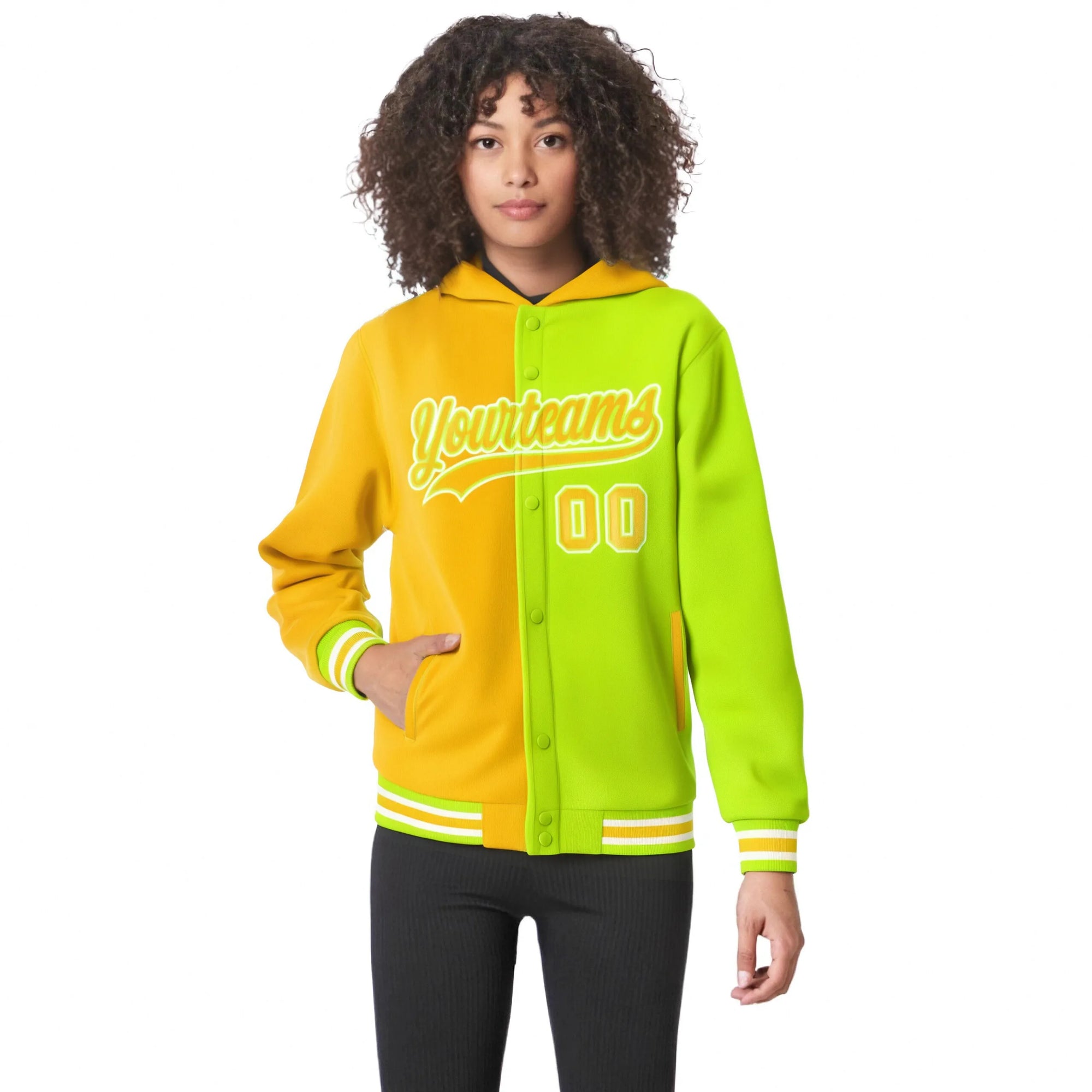 Custom Gold Fluorescent Green Split Fashion Varsity Full-Snap Letterman Two Tone Hoodie Jacket