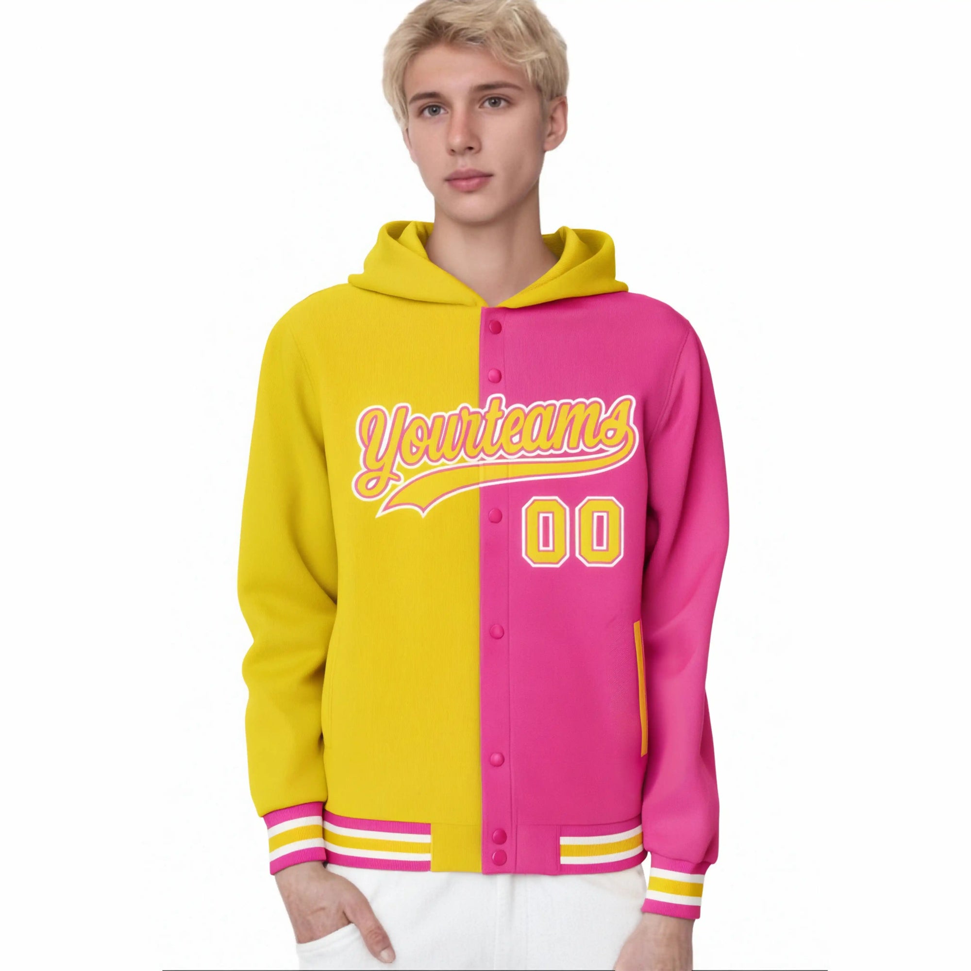 Custom Gold Pink Split Fashion Varsity Full-Snap Letterman Two Tone Hoodie Jacket