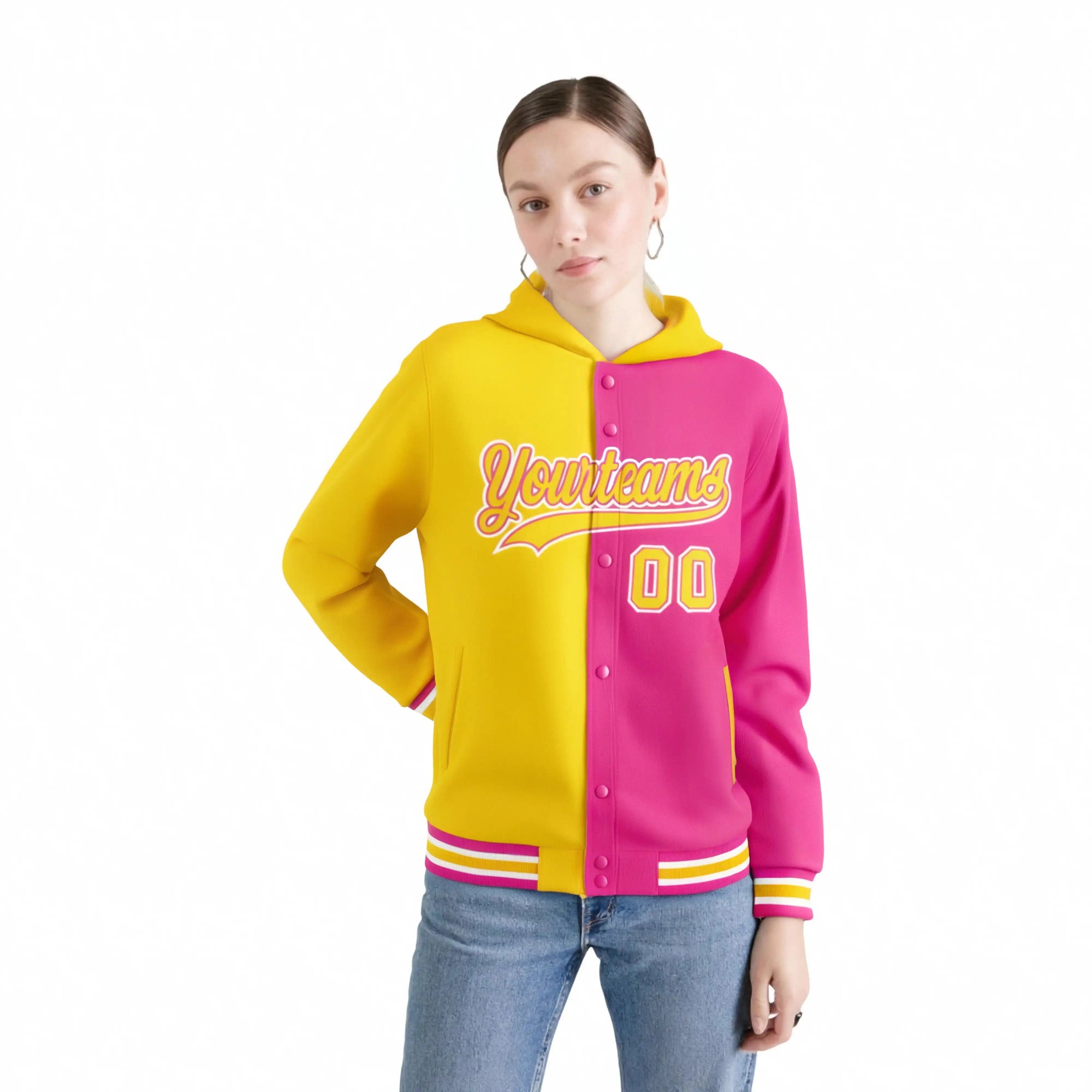 Custom Gold Pink Split Fashion Varsity Full-Snap Letterman Two Tone Hoodie Jacket