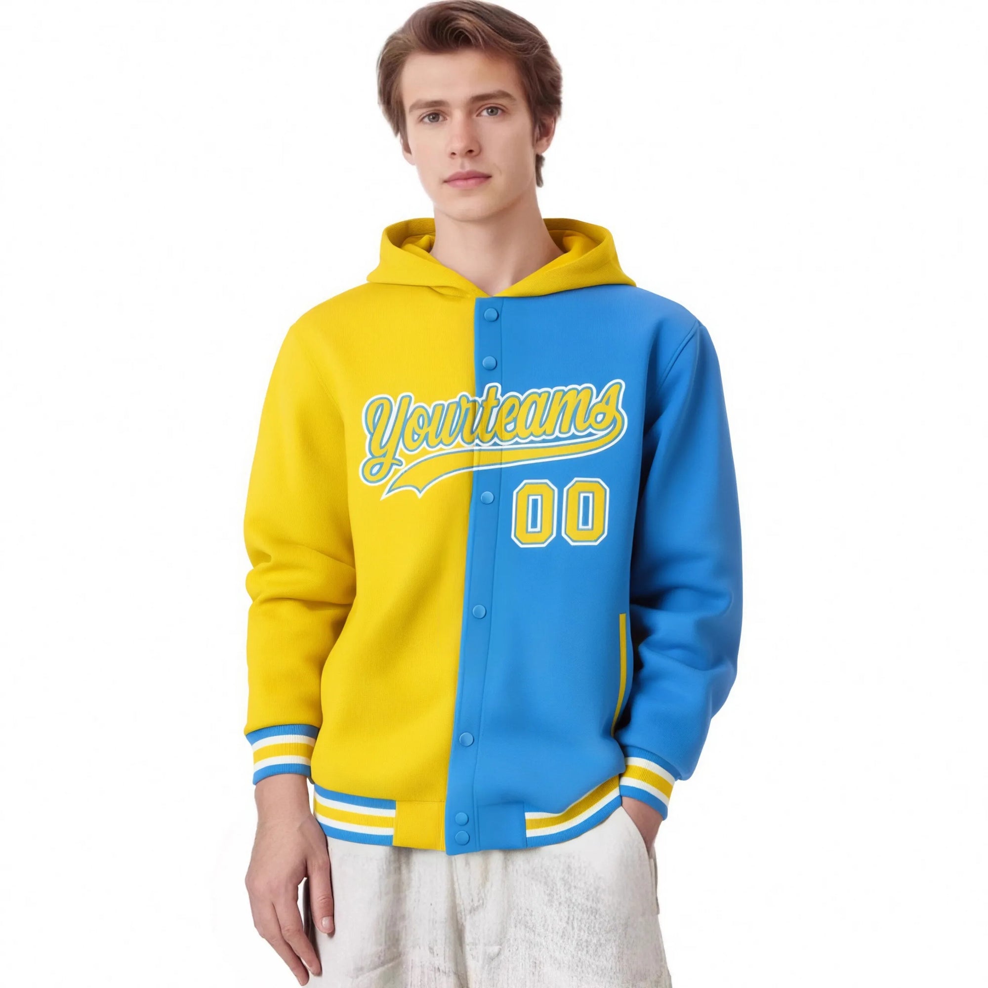 Custom Gold Powder Blue Split Fashion Varsity Full-Snap Letterman Two Tone Hoodie Jacket