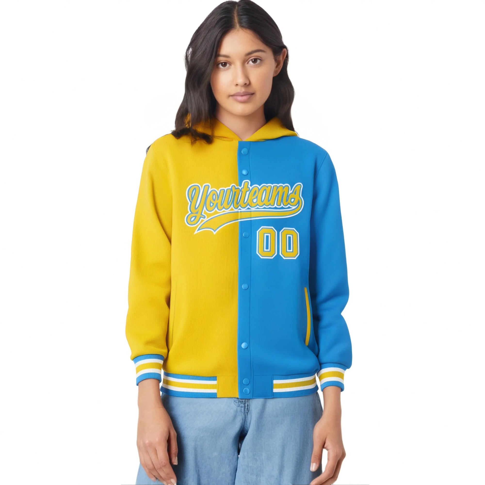 Custom Gold Powder Blue Split Fashion Varsity Full-Snap Letterman Two Tone Hoodie Jacket