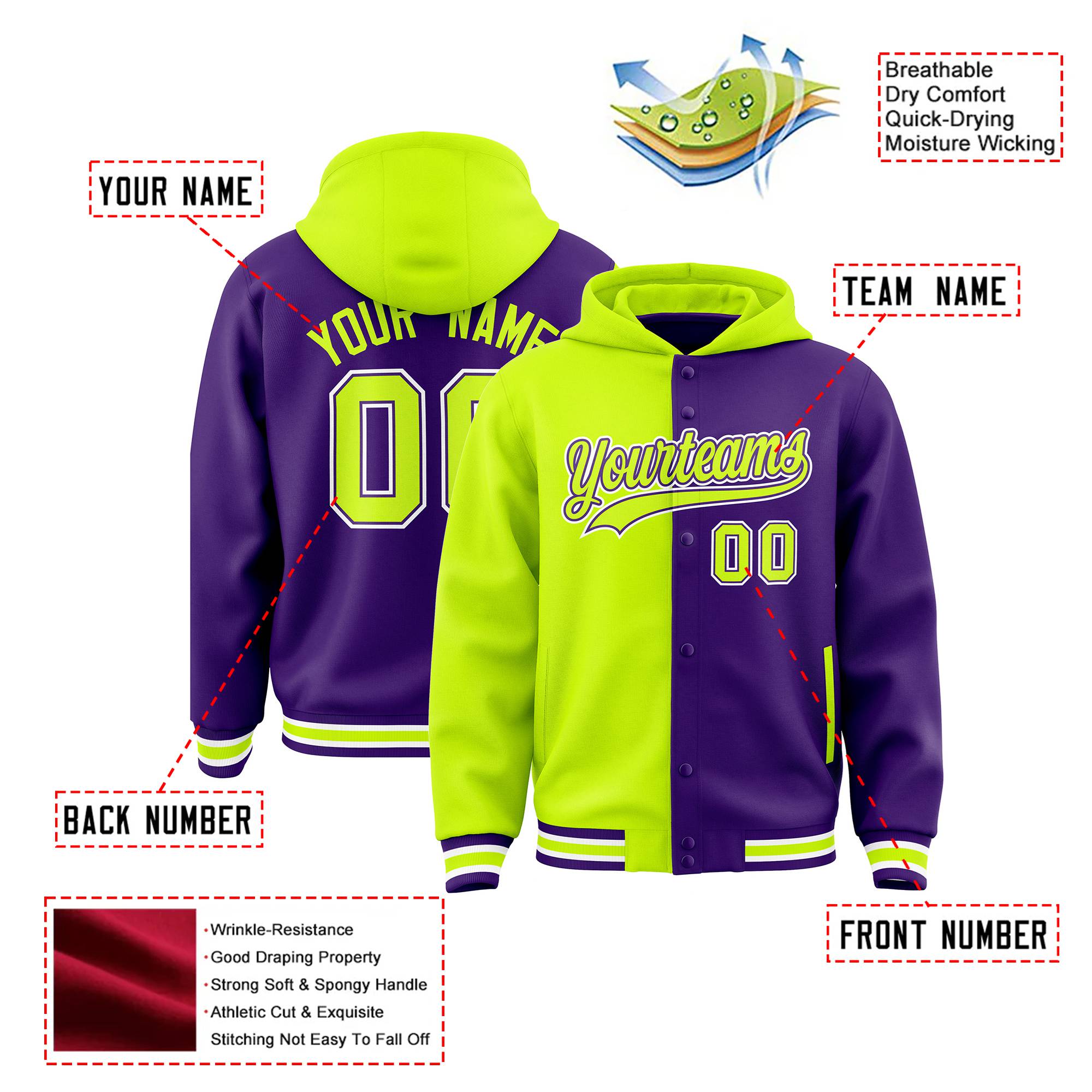 Custom Fluorescent Green Purple Split Fashion Varsity Full-Snap Letterman Two Tone Hoodie Jacket