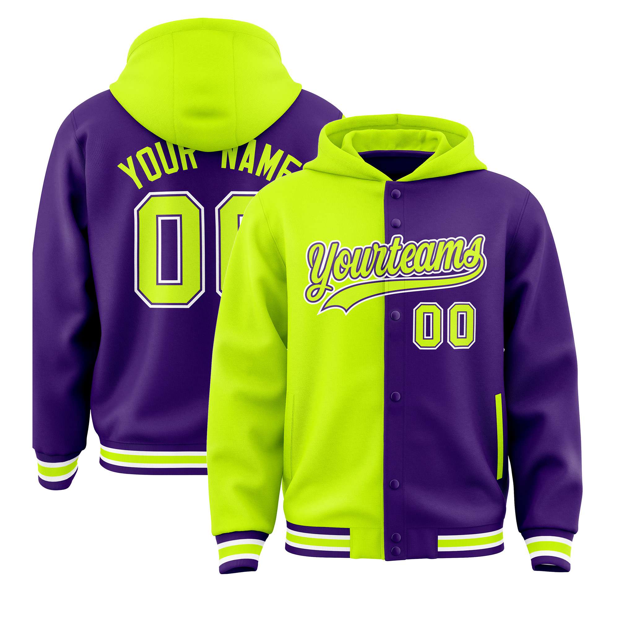 Custom Fluorescent Green Purple Split Fashion Varsity Full-Snap Letterman Two Tone Hoodie Jacket