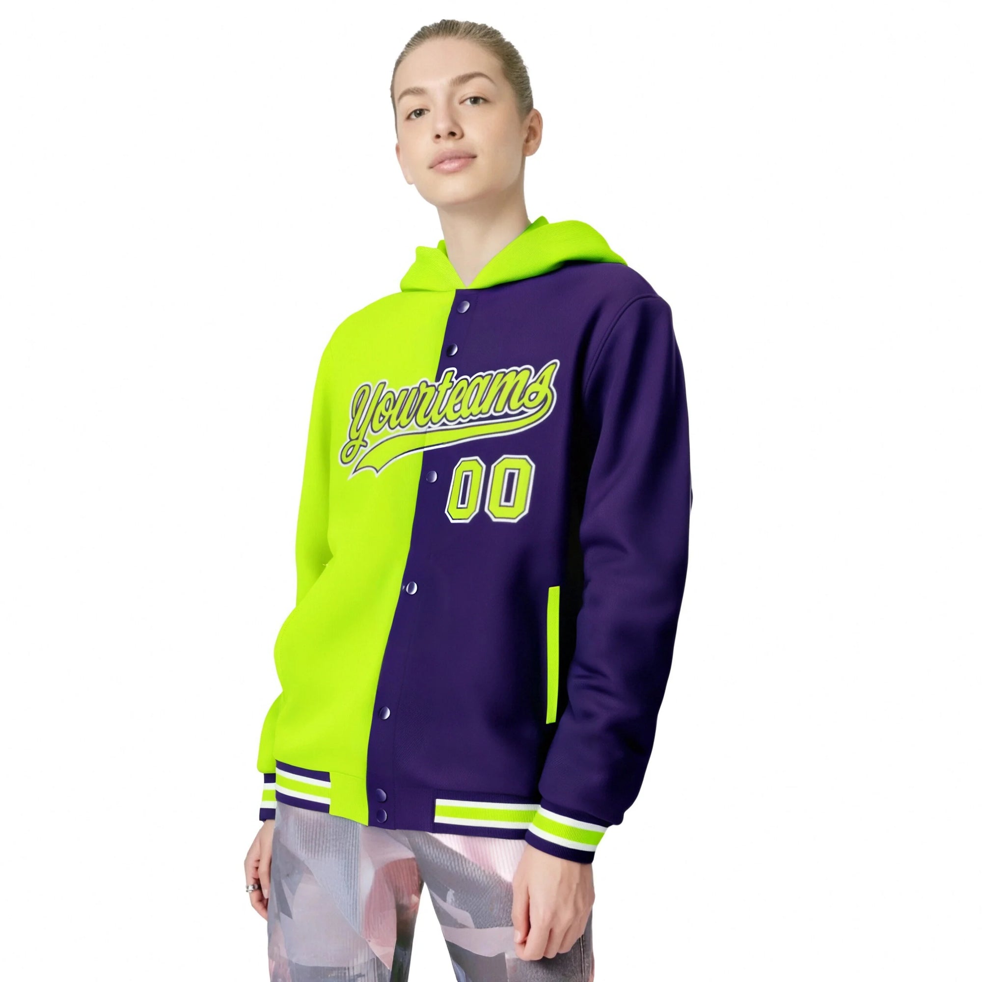 Custom Fluorescent Green Purple Split Fashion Varsity Full-Snap Letterman Two Tone Hoodie Jacket