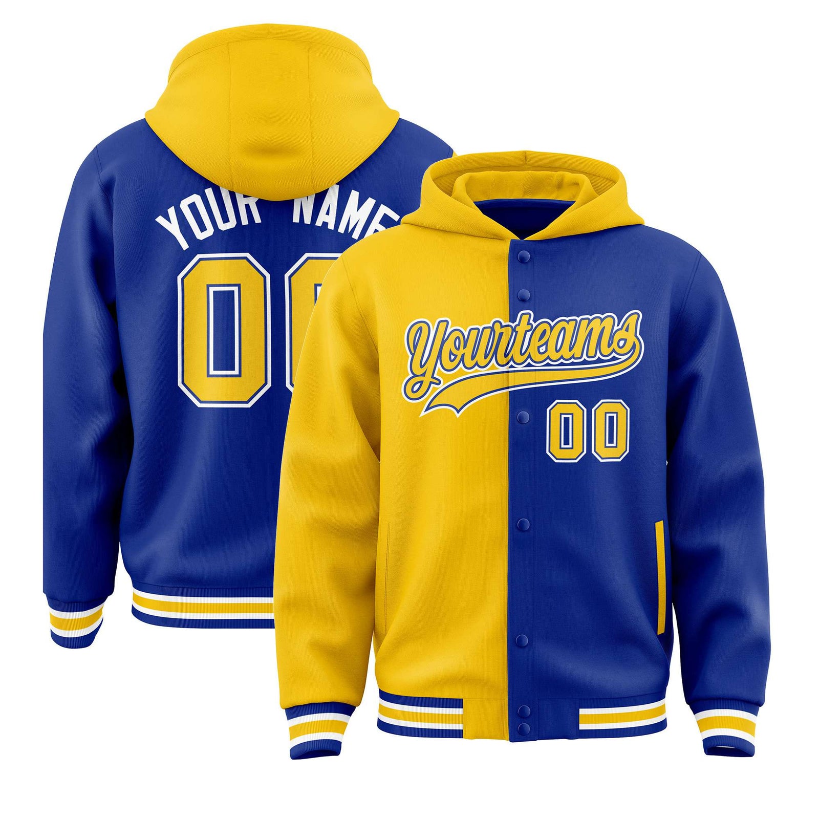 Custom Yellow Royal Blue Split Fashion Varsity Full-Snap Letterman Two Tone Hoodie Jacket