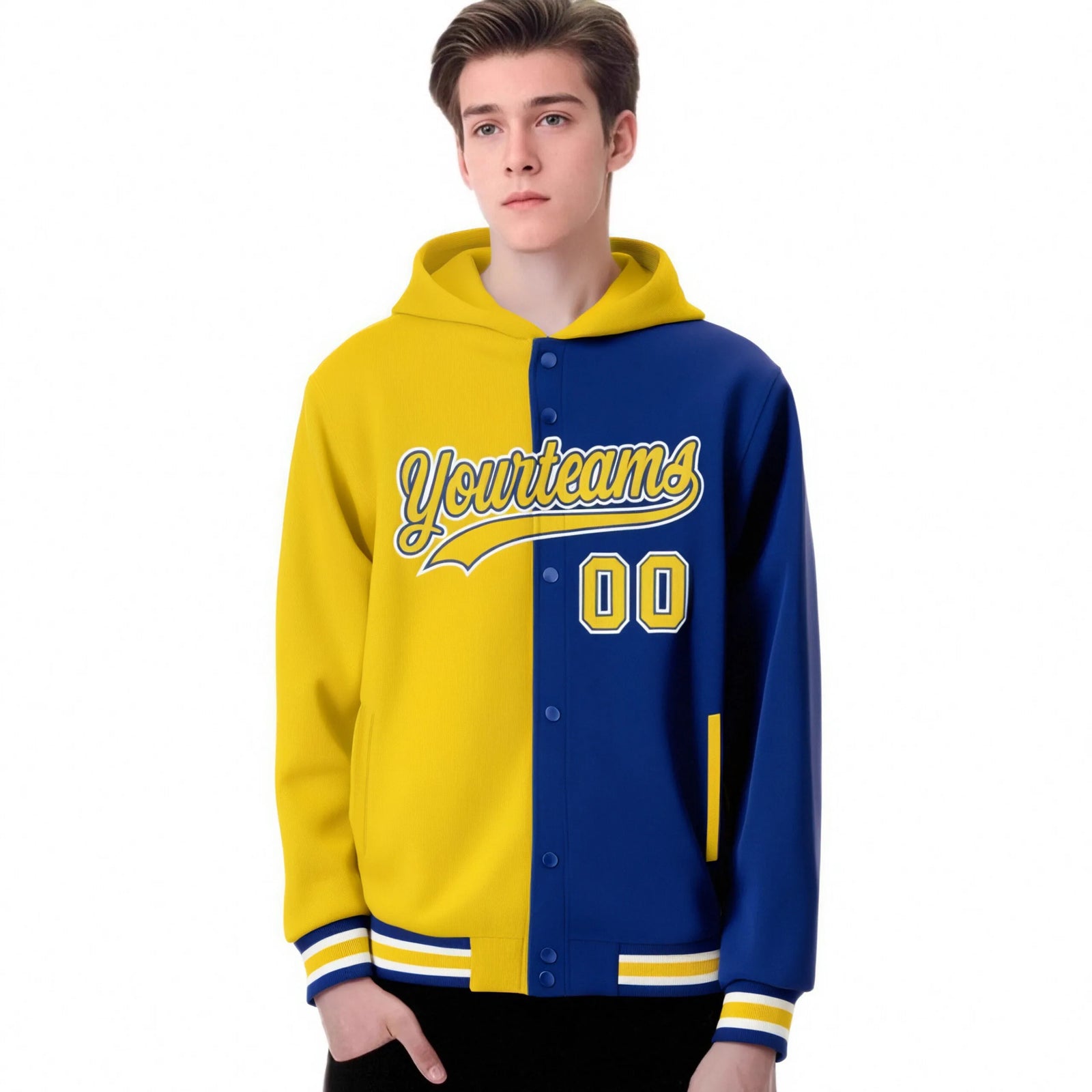 Custom Yellow Royal Blue Split Fashion Varsity Full-Snap Letterman Two Tone Hoodie Jacket