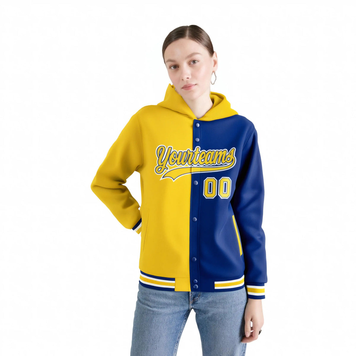 Custom Yellow Royal Blue Split Fashion Varsity Full-Snap Letterman Two Tone Hoodie Jacket