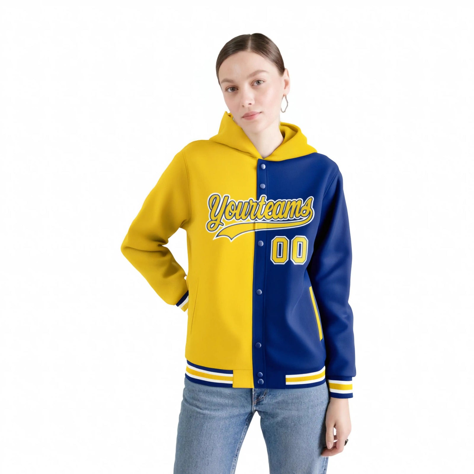 Custom Yellow Royal Blue Split Fashion Varsity Full-Snap Letterman Two Tone Hoodie Jacket