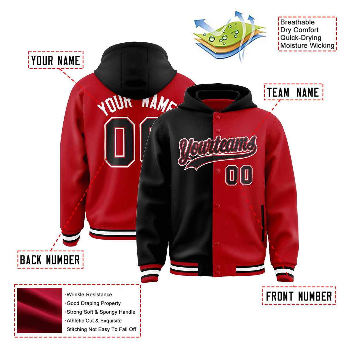 Custom Black Red Split Fashion Varsity Full-Snap Letterman Two Tone Hoodie Jacket