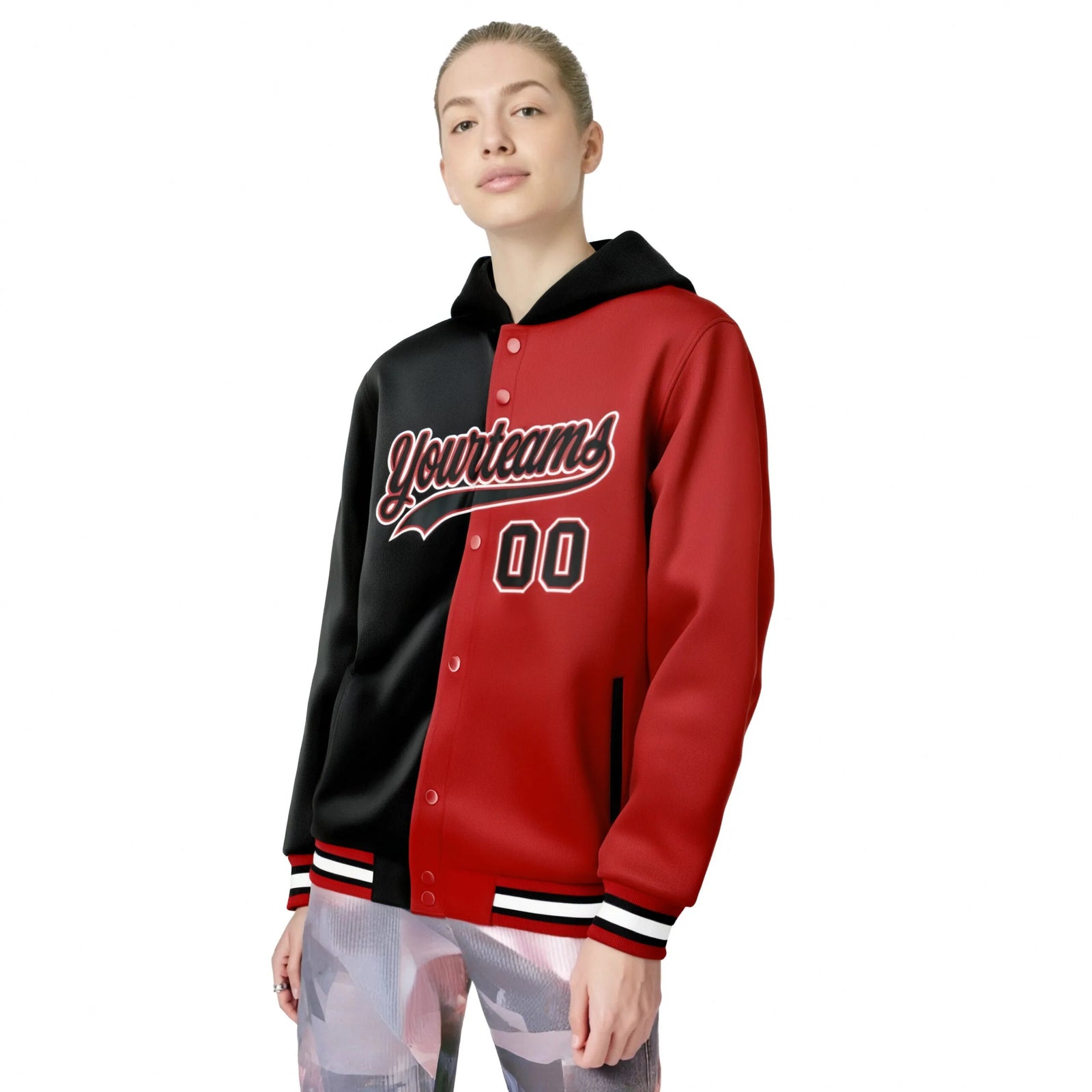 Custom Black Red Split Fashion Varsity Full-Snap Letterman Two Tone Hoodie Jacket