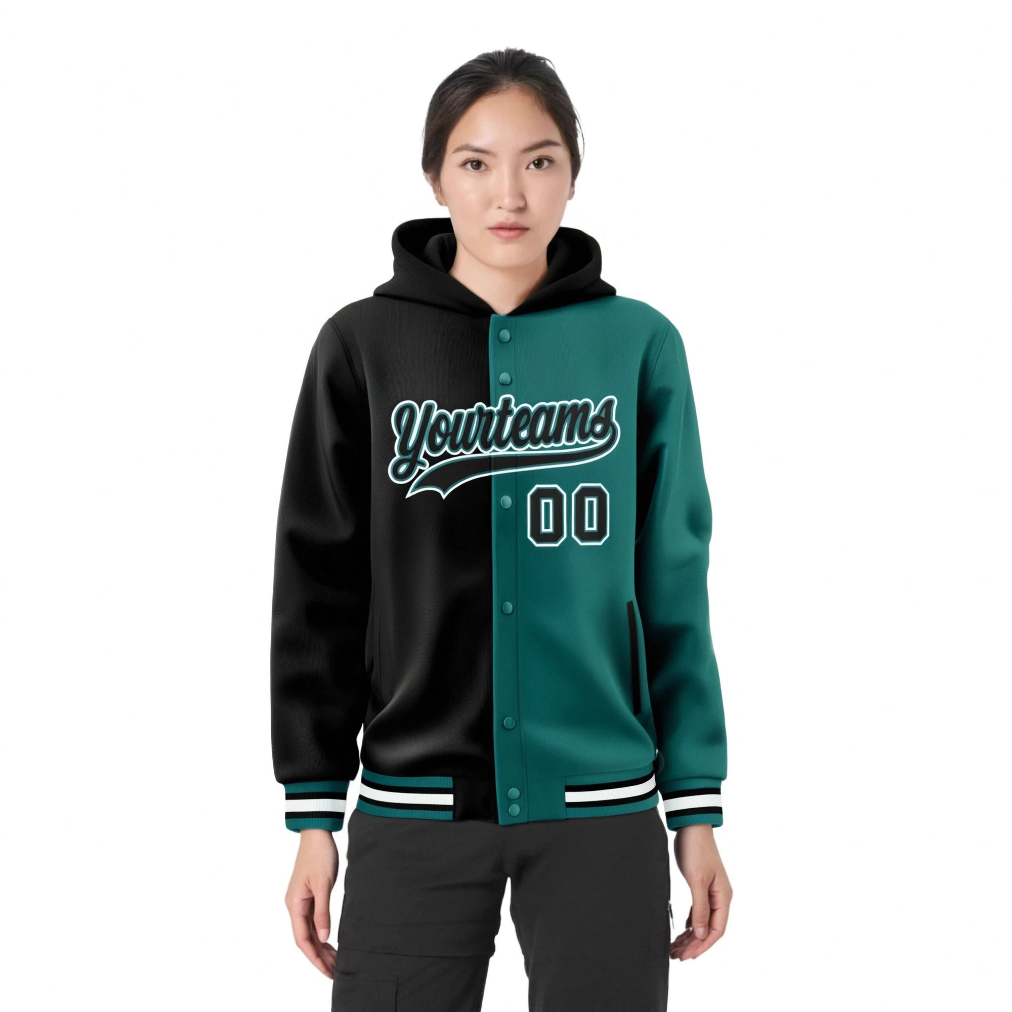 Custom Black Aqua Split Fashion Varsity Full-Snap Letterman Two Tone Hoodie Jacket