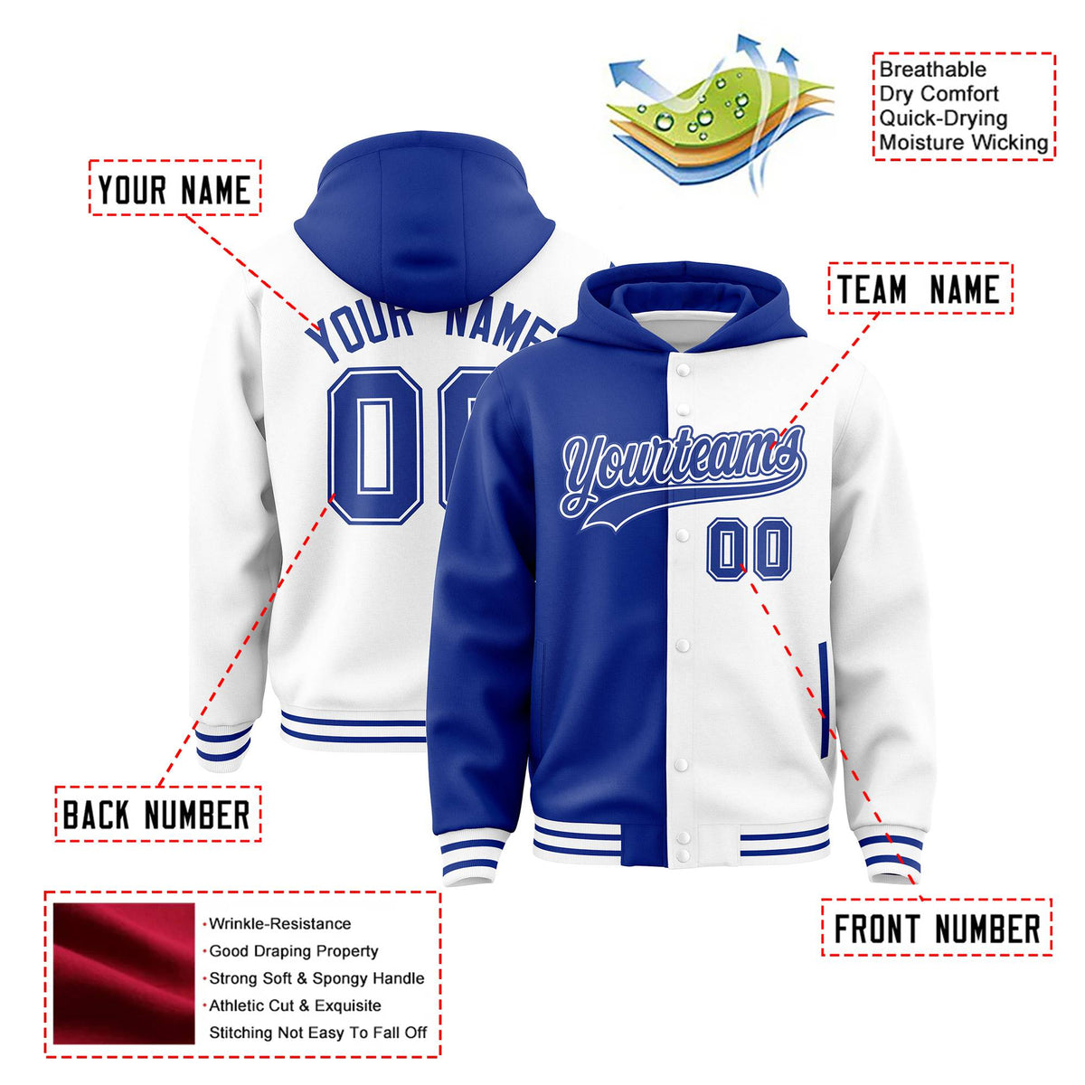 Custom Royal Blue White Split Fashion Varsity Full-Snap Letterman Two Tone Hoodie Jacket