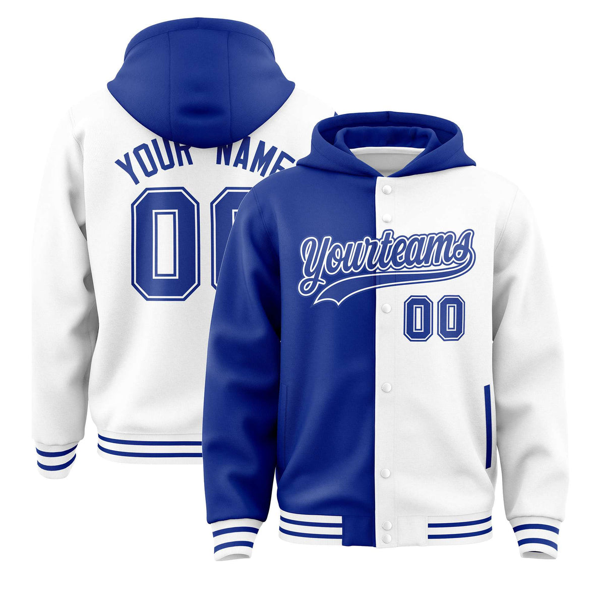 Custom Royal Blue White Split Fashion Varsity Full-Snap Letterman Two Tone Hoodie Jacket