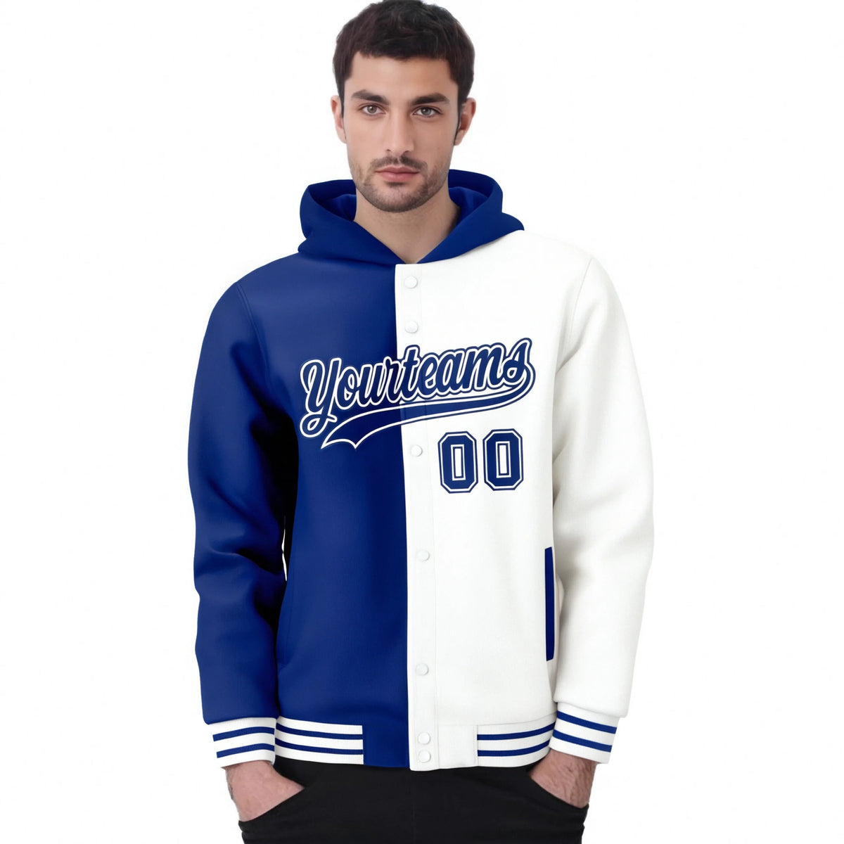 Custom Royal Blue White Split Fashion Varsity Full-Snap Letterman Two Tone Hoodie Jacket
