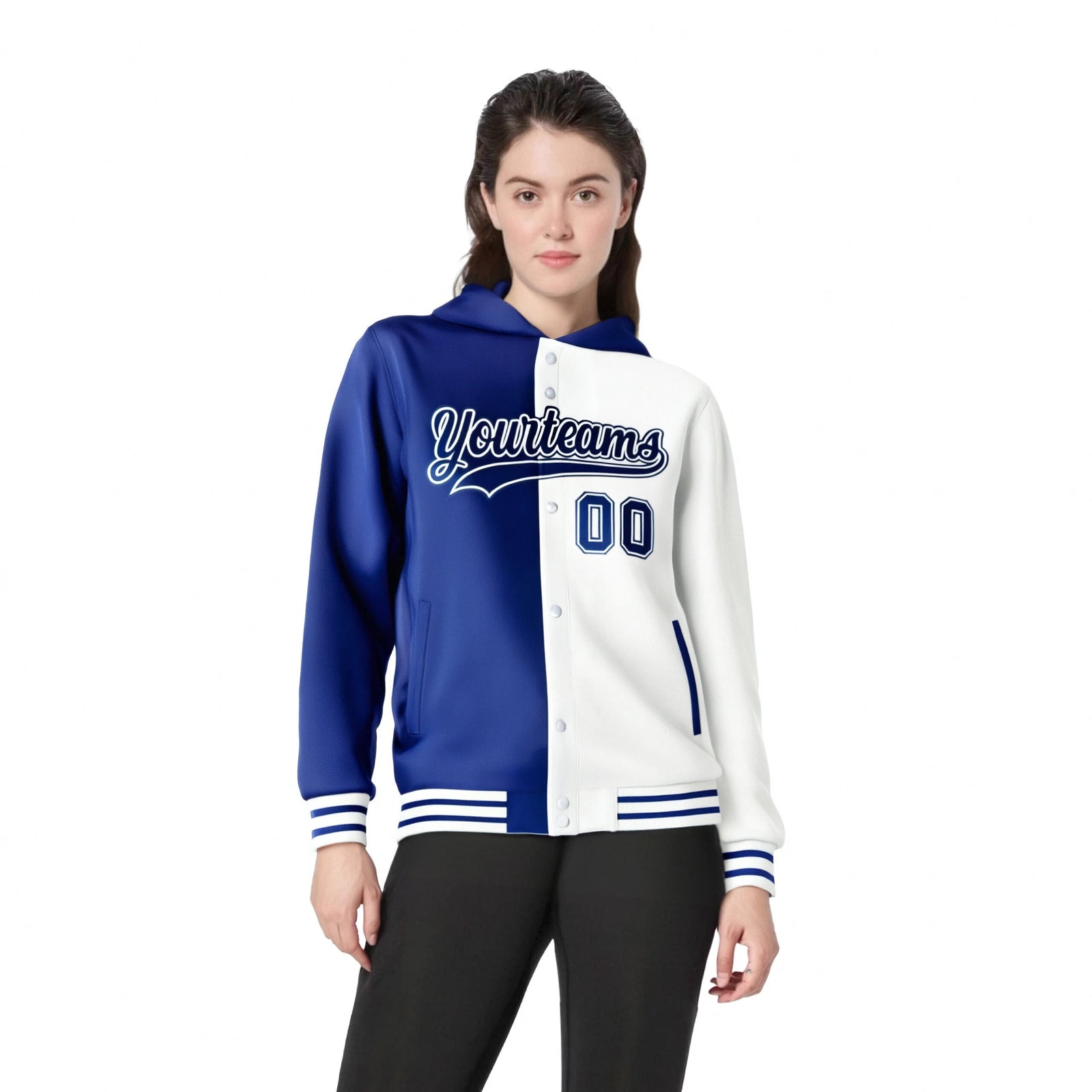 Custom Royal Blue White Split Fashion Varsity Full-Snap Letterman Two Tone Hoodie Jacket