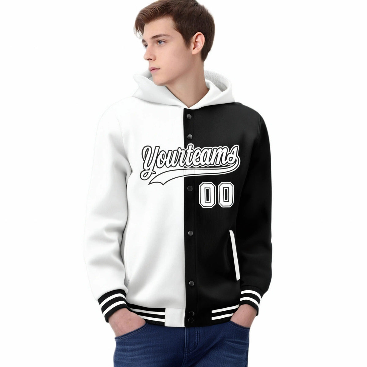 Custom White Black Split Fashion Varsity Full-Snap Letterman Two Tone Hoodie Jacket
