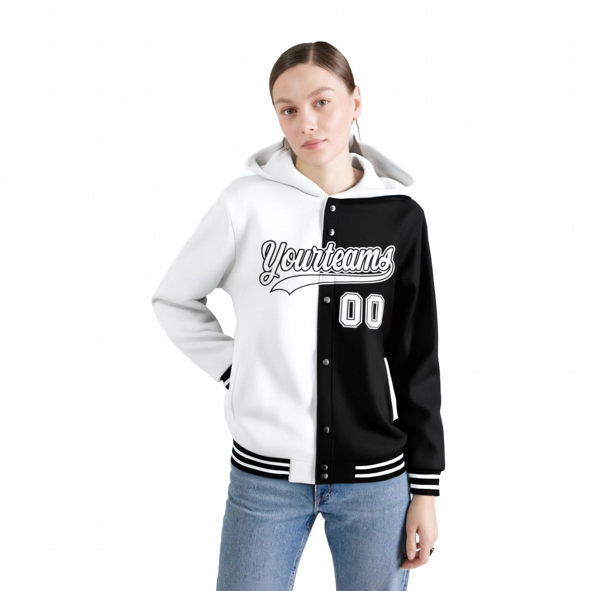 Custom White Black Split Fashion Varsity Full-Snap Letterman Two Tone Hoodie Jacket