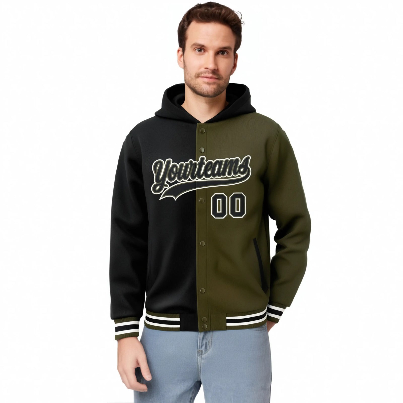 Custom Black Olive Split Fashion Varsity Full-Snap Letterman Two Tone Hoodie Jacket