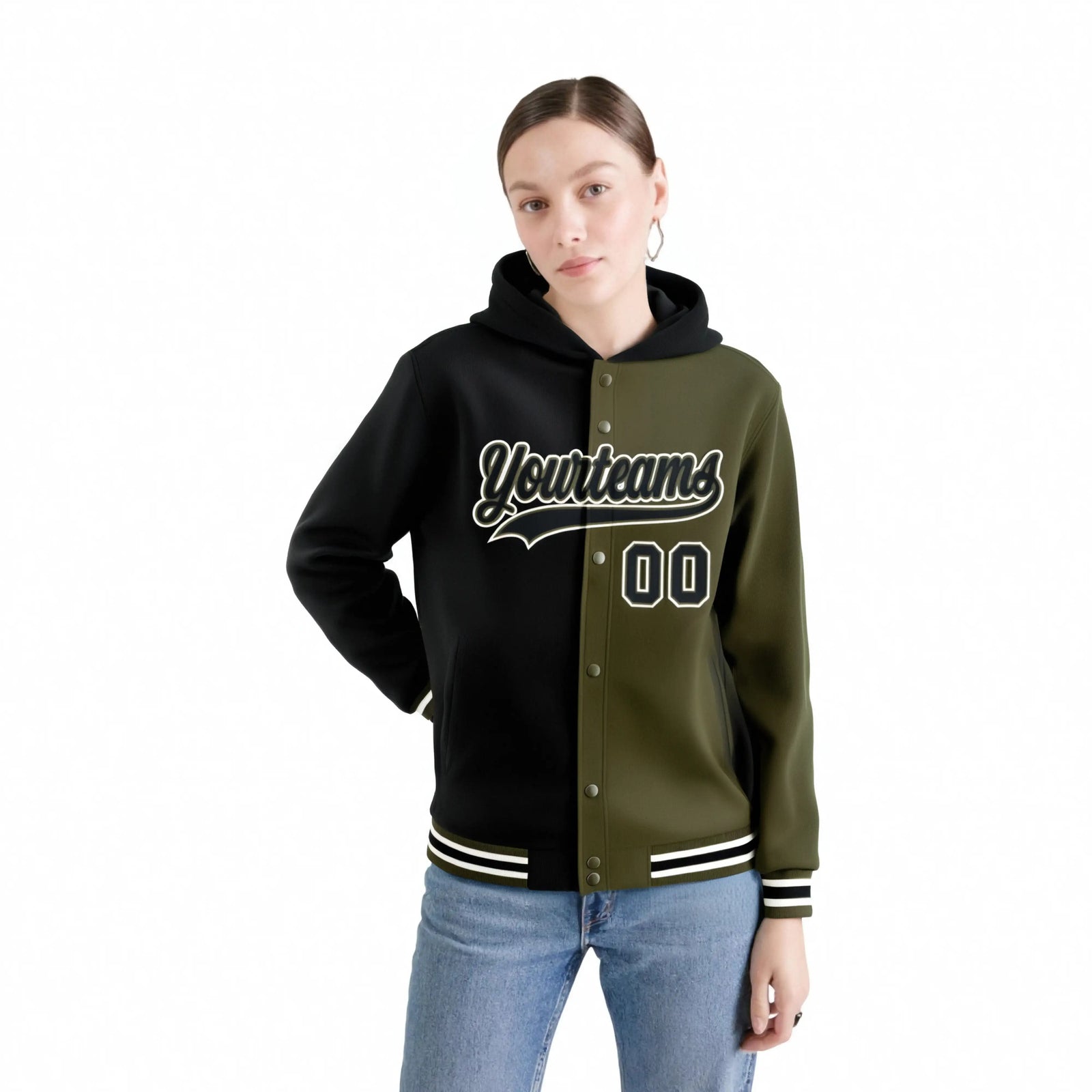 Custom Black Olive Split Fashion Varsity Full-Snap Letterman Two Tone Hoodie Jacket