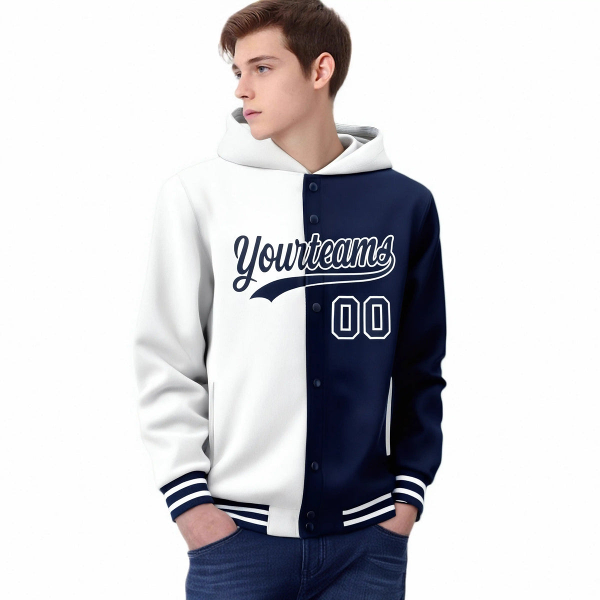 Custom White Navy Split Fashion Varsity Full-Snap Letterman Two Tone Hoodie Jacket