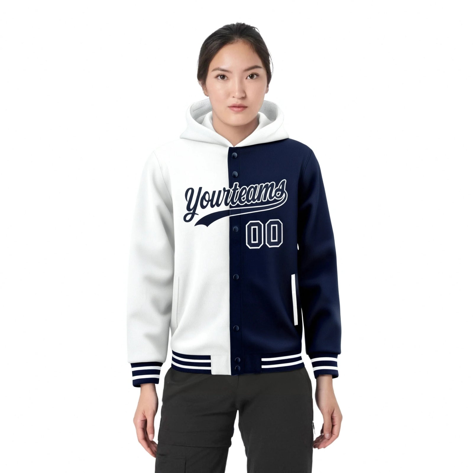 Custom White Navy Split Fashion Varsity Full-Snap Letterman Two Tone Hoodie Jacket