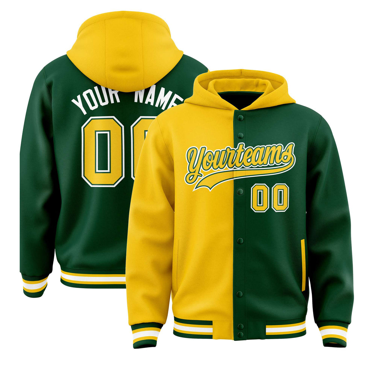 Custom Yellow Green Split Fashion Varsity Full-Snap Letterman Two Tone Hoodie Jacket